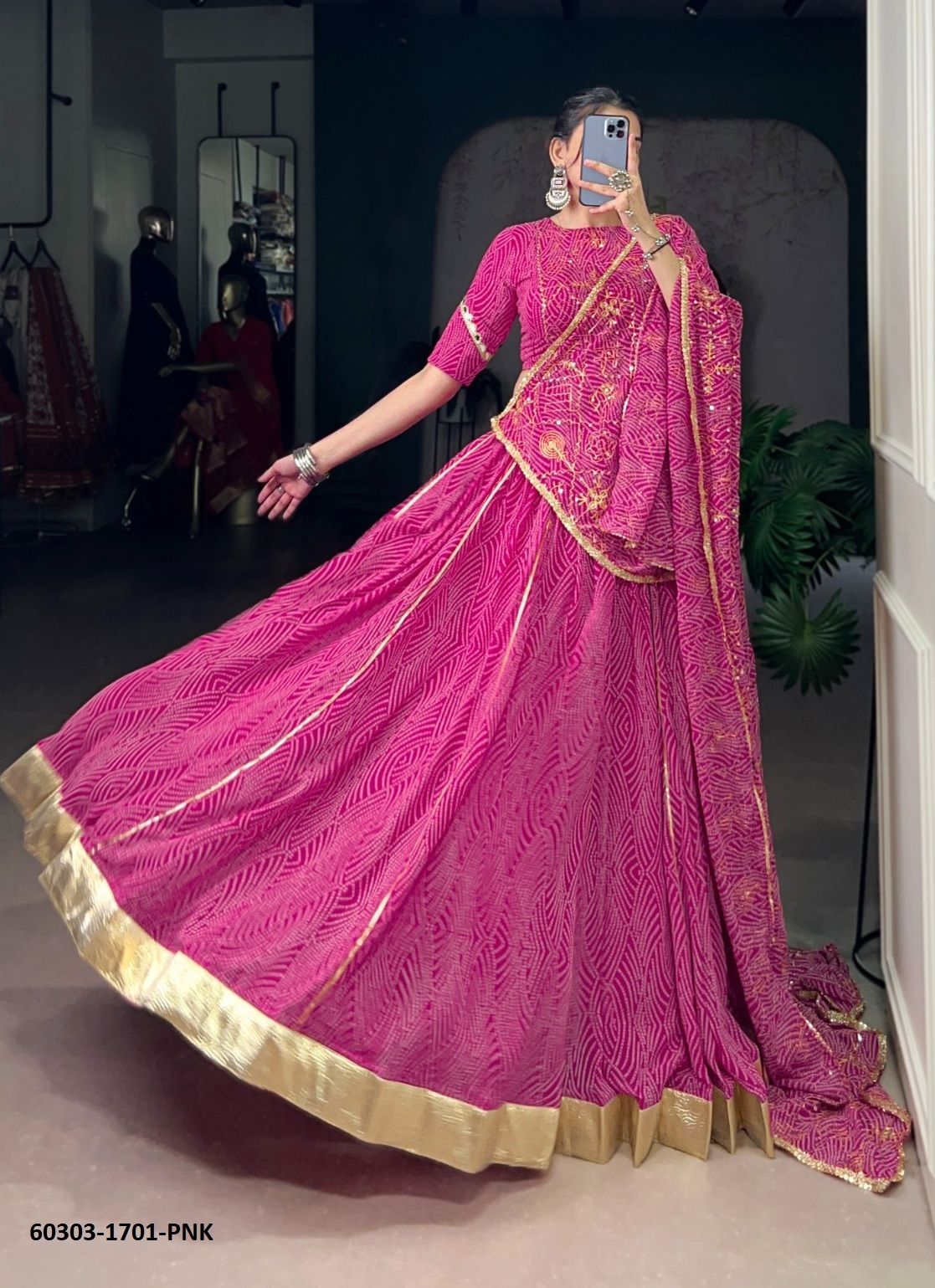 GEORGETTE BANDHANI PRINT 1701 - Catalog # 60303 (Set of 3 Readymade Lehengas) MADE IN INDIA BY AABHARAN GEORGETTE BANDHANI PRINT 1701 - Catalog # 60303 (Set of 3 Readymade Lehengas) MADE IN INDIA BY AABHARAN