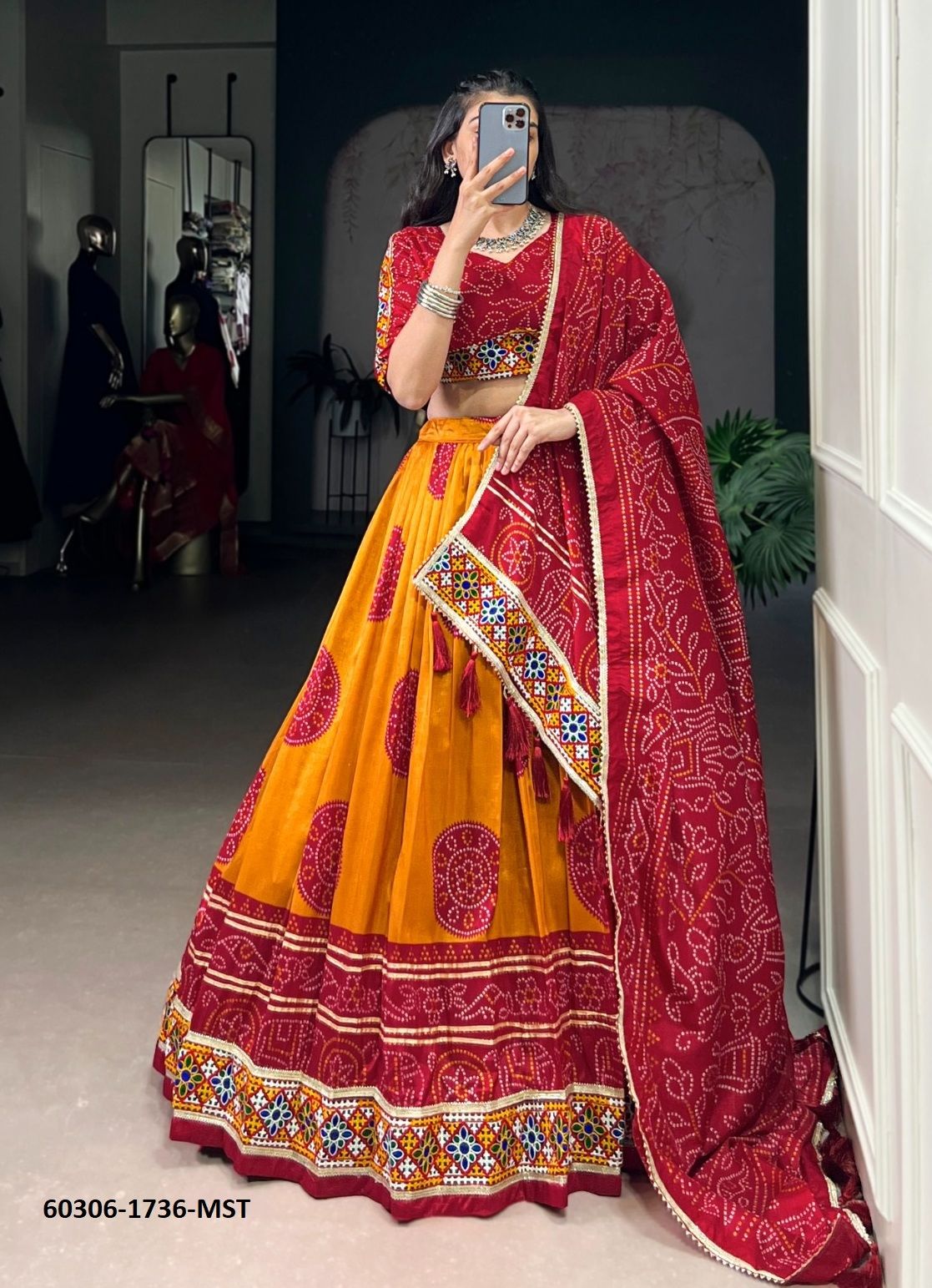 TUSSER BANDHANI 1736 - Catalog # 60306 (Set of 4 Readymade Lehengas) MADE IN INDIA BY MEHERIYA TUSSER BANDHANI 1736 - Catalog # 60306 (Set of 4 Readymade Lehengas) MADE IN INDIA BY MEHERIYA