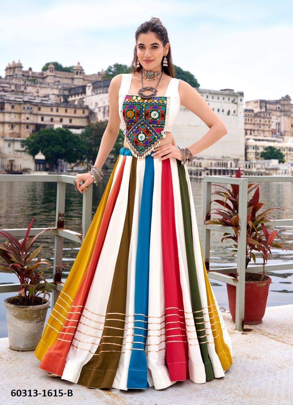 NAVRATRI WEAR WHITE PINSTRIPS - Catalog # 60313 (Set of 2 Readymade Lehengas) MADE IN INDIA BY JAGRAASA