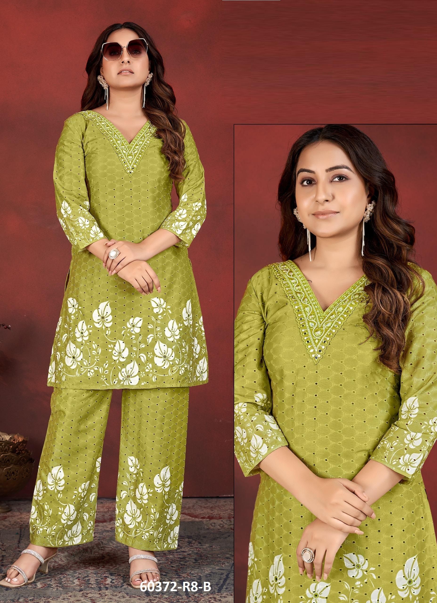 MUSLIN SCHIFFLI CO-ORD SETS R8 - Catalog # 60372 (Set of 4 SIZE-SETS [Tops With Bottoms]) MADE IN INDIA BY DESI MUSE