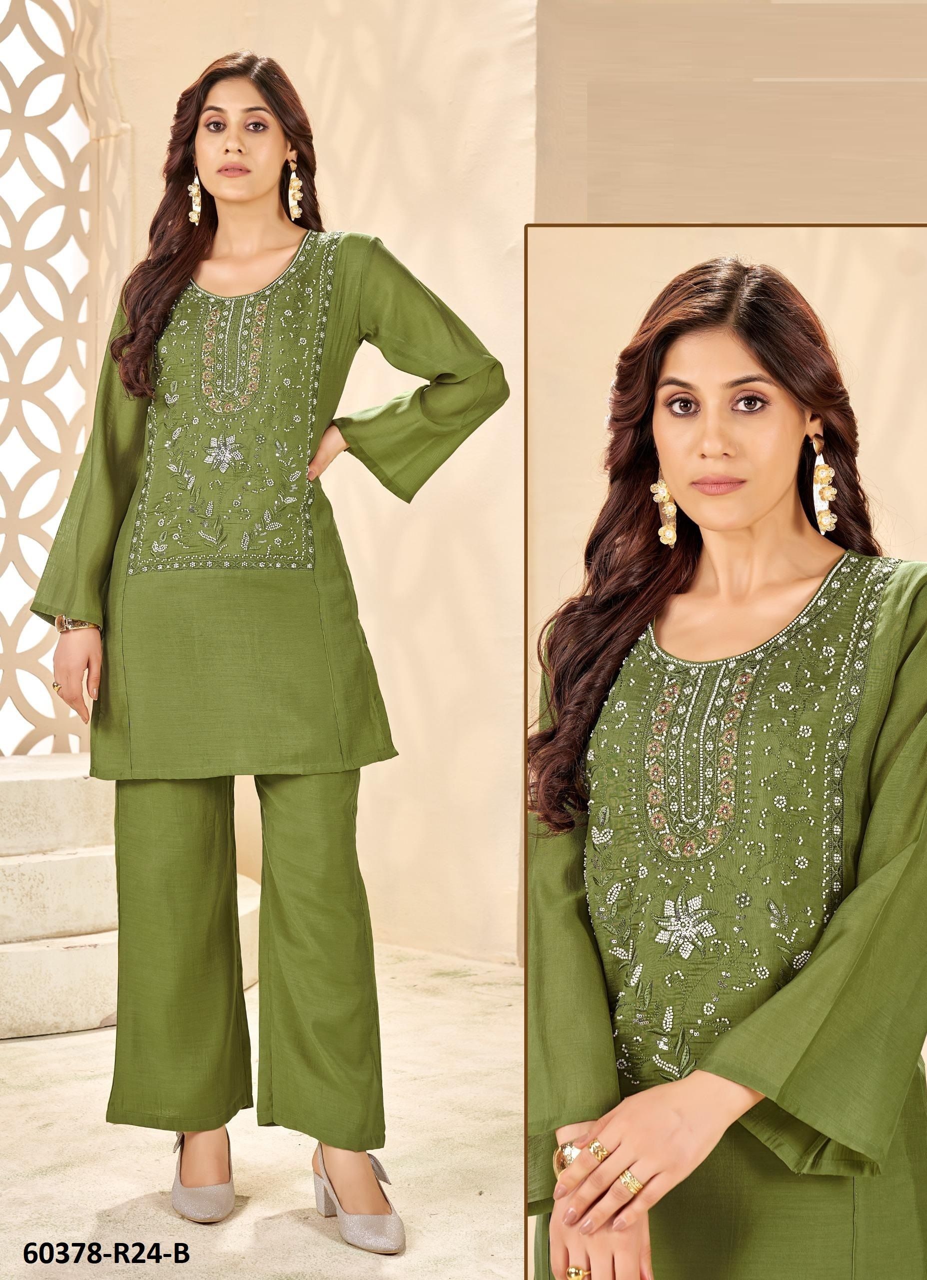 ELEGANT MUL CHANDERI CO-ORD SETS R24 - Catalog # 60378 (Set of 4 SIZE-SETS [Tops With Bottoms]) MADE IN INDIA BY JAGRAASA