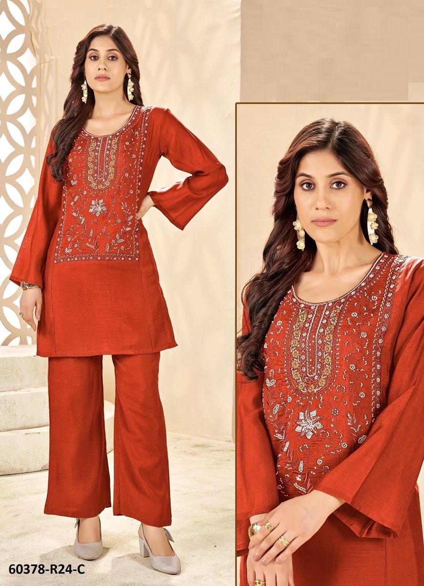 ELEGANT MUL CHANDERI CO-ORD SETS R24 - Catalog # 60378 (Set of 4 SIZE-SETS [Tops With Bottoms]) MADE IN INDIA BY JAGRAASA