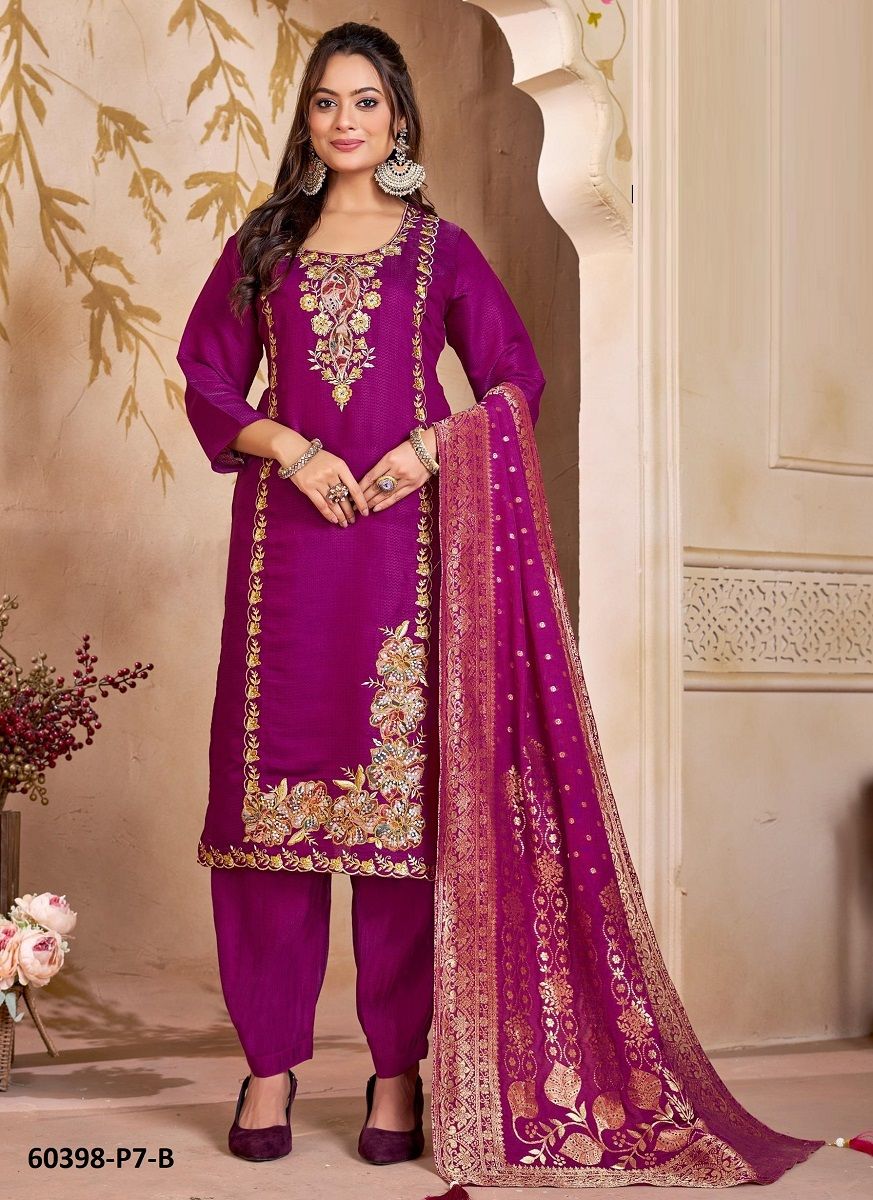 MUL CHANDERI SELF JACQUARD P7 - Catalog # 60398 (Set of 7 SIZE-SETS [Readymade Salwar Suits]) MADE IN INDIA BY DESI MUSE
