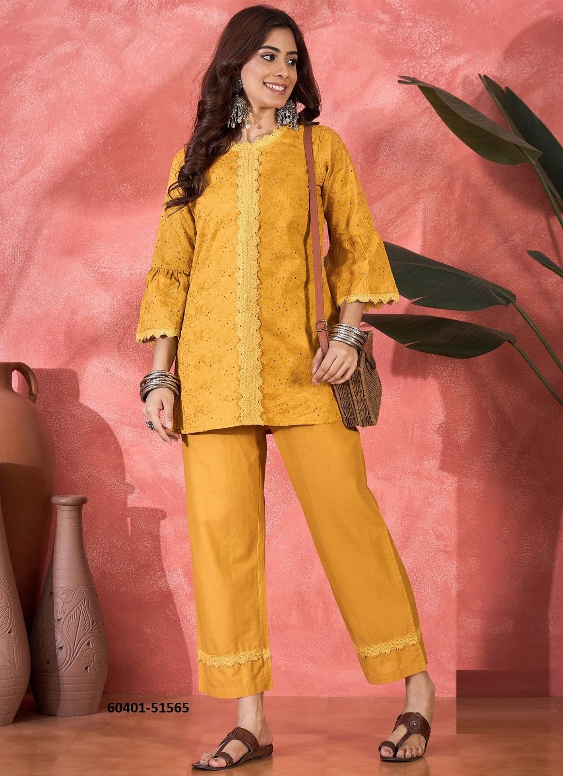 COTTON SCHIFFLI CO-ORD SET - Catalog # 60401 (Set of 5 Tops With Bottoms) MADE IN INDIA BY AABHARAN