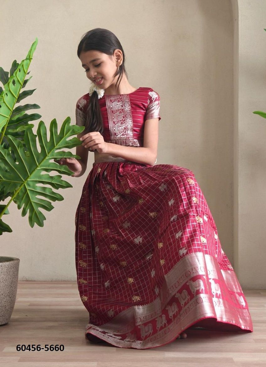 KIDS KANCHIPURAM SILK - RAJSHREE - Catalog # 60456 (Set of 7 Readymade Lehengas) MADE IN INDIA BY DESI MUSE
