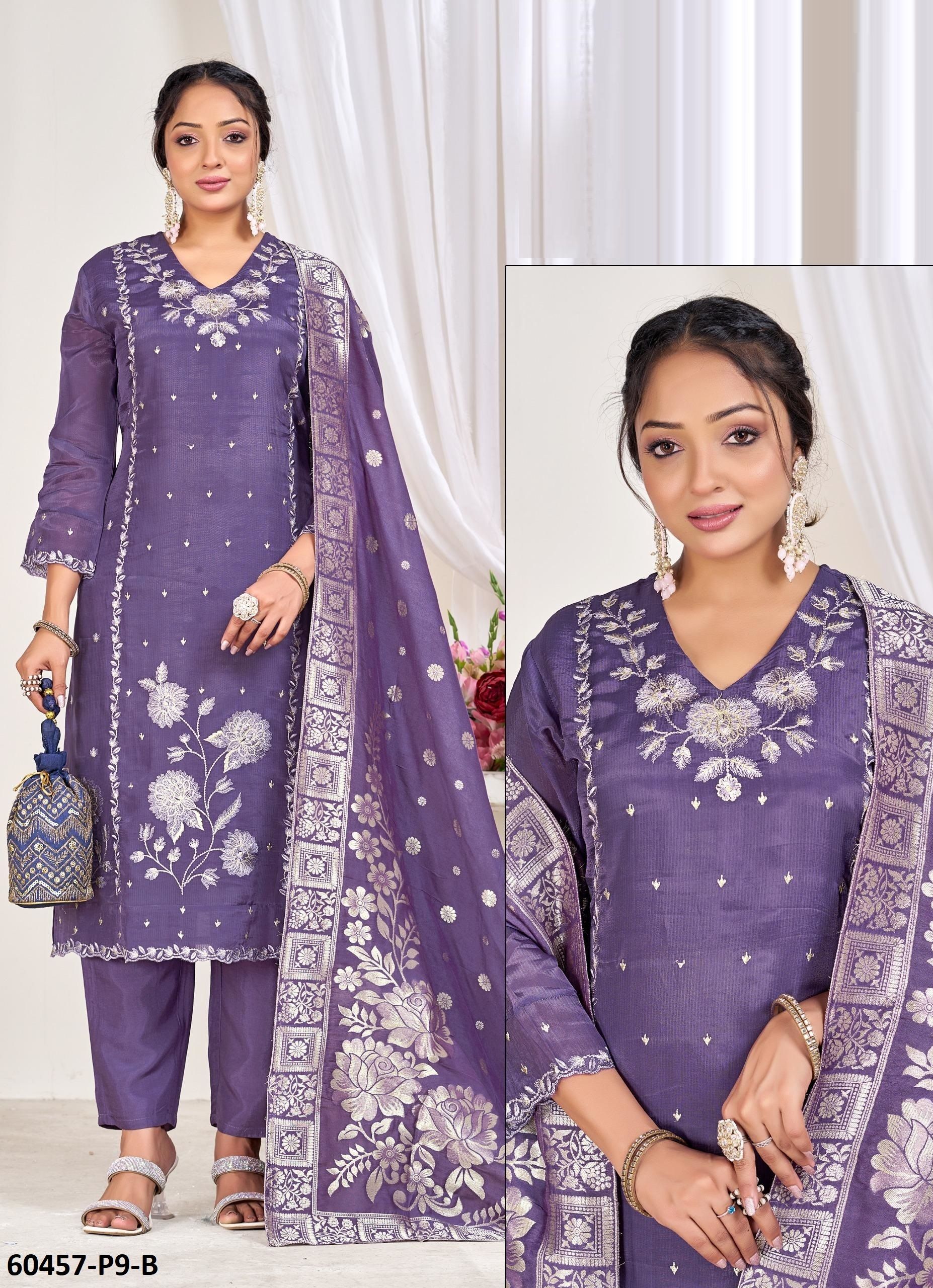 JACQUARD SILK SERIES P9 - Catalog # 60457 (Set of 7 SIZE-SETS [Readymade Salwar Suits]) MADE IN INDIA BY JAGRAASA