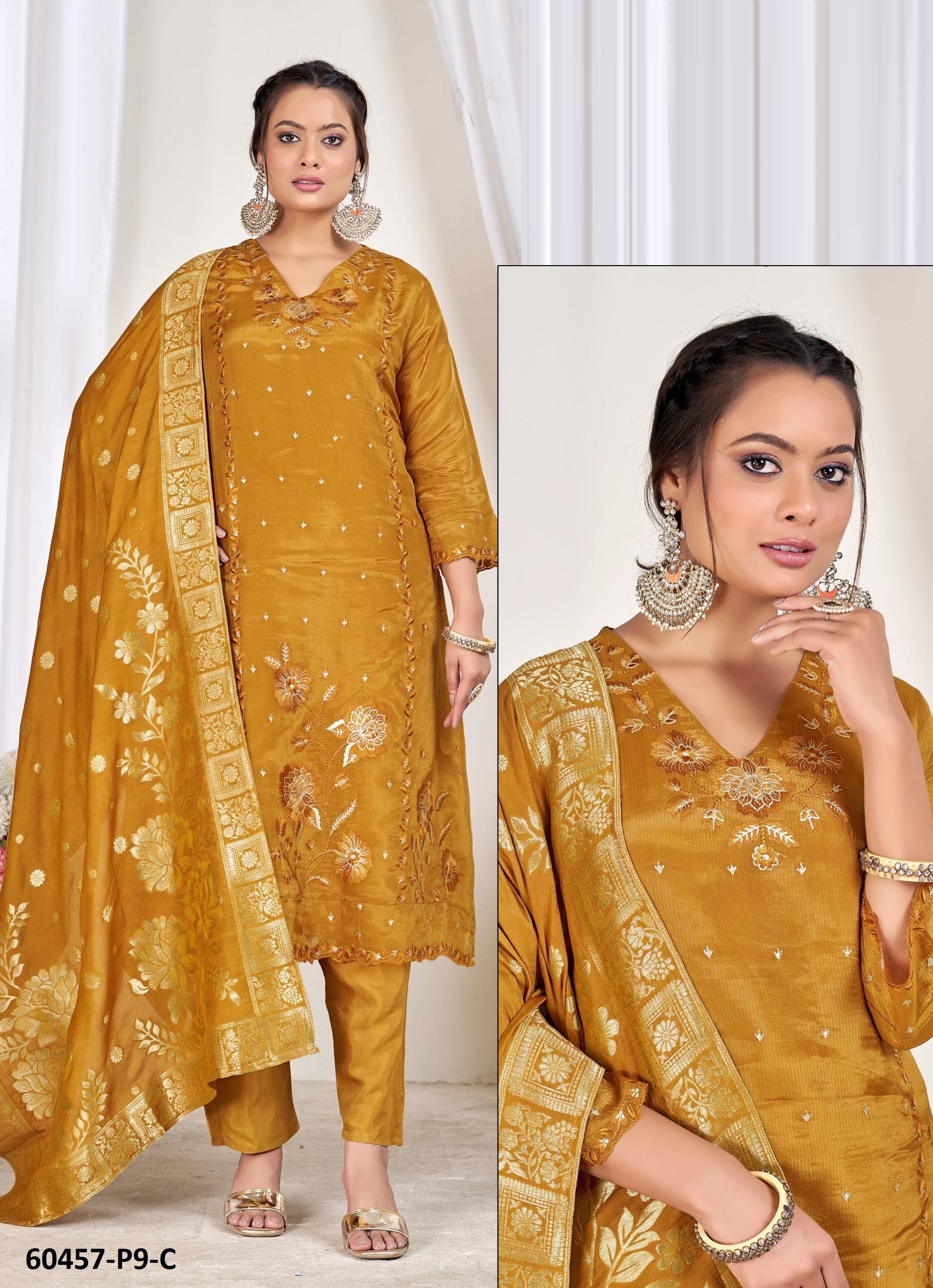 JACQUARD SILK SERIES P9 - Catalog # 60457 (Set of 7 SIZE-SETS [Readymade Salwar Suits]) MADE IN INDIA BY JAGRAASA