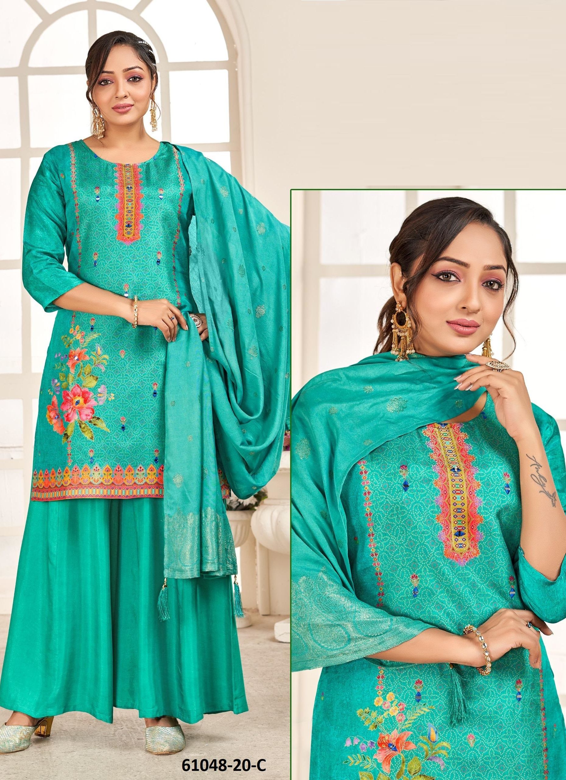 DIWALI SPECIAL GHARARA BOTTOM P20 - Catalog # 61048 (Set of 4 SIZE-SETS [Readymade Salwar Suits]) MADE IN INDIA BY AABHARAN