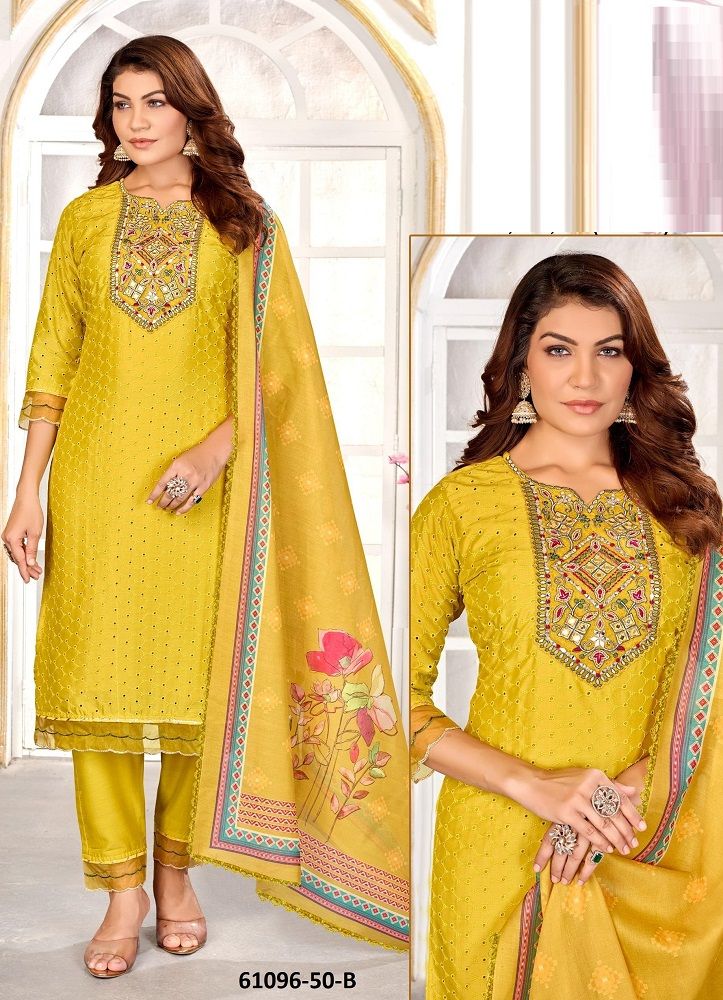 MIRROR WORK P50 - Catalog # 61096 (Set of 7 SIZE-SETS [Readymade Salwar Suits]) MADE IN INDIA BY JAGRAASA