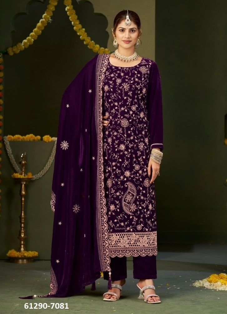 ZILPAH VELVET - Catalog # 61290 (Set of 4 Semi-Stitched / Un-Stitched Suits) by Four Dots ZILPAH VELVET - Catalog # 61290 (Set of 4 Semi-Stitched / Un-Stitched Suits) by Four Dots