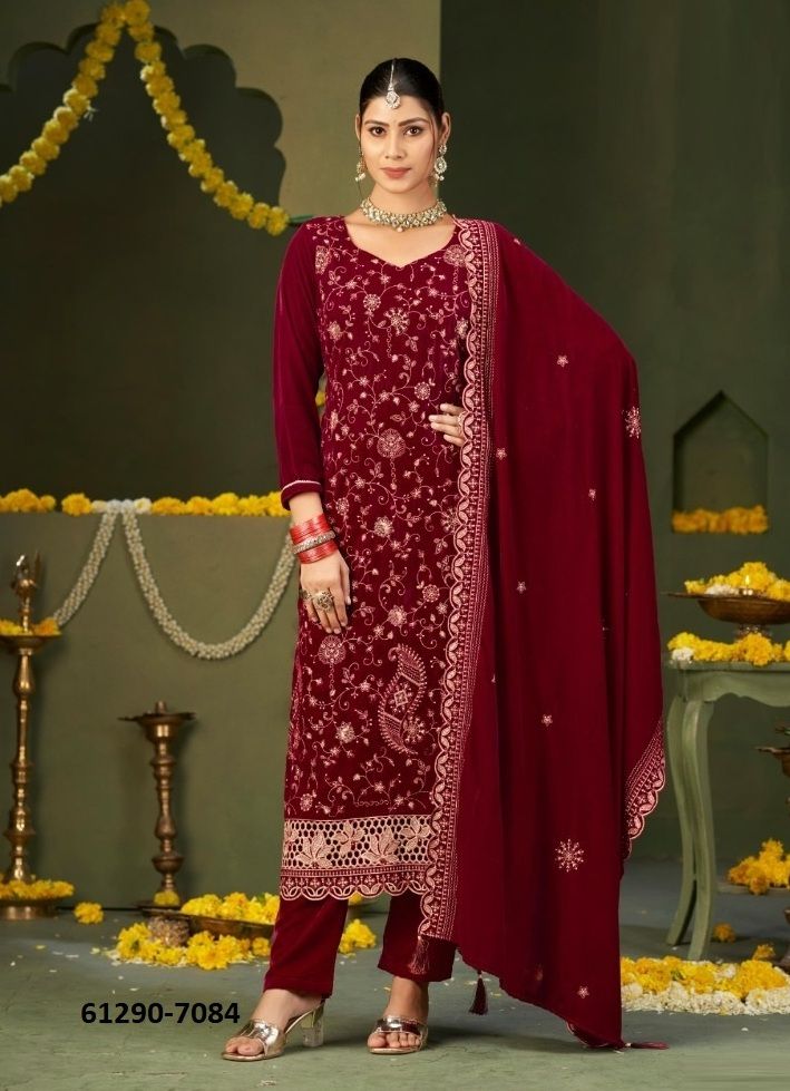 ZILPAH VELVET - Catalog # 61290 (Set of 4 Semi-Stitched / Un-Stitched Suits) by Four Dots ZILPAH VELVET - Catalog # 61290 (Set of 4 Semi-Stitched / Un-Stitched Suits) by Four Dots