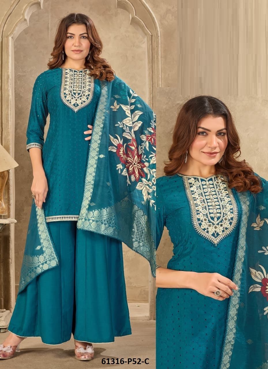 PALAZZO BOTTOM P52 - Catalog # 61316 (Set of 4 SIZE-SETS [Readymade Salwar Suits]) by Meheriya