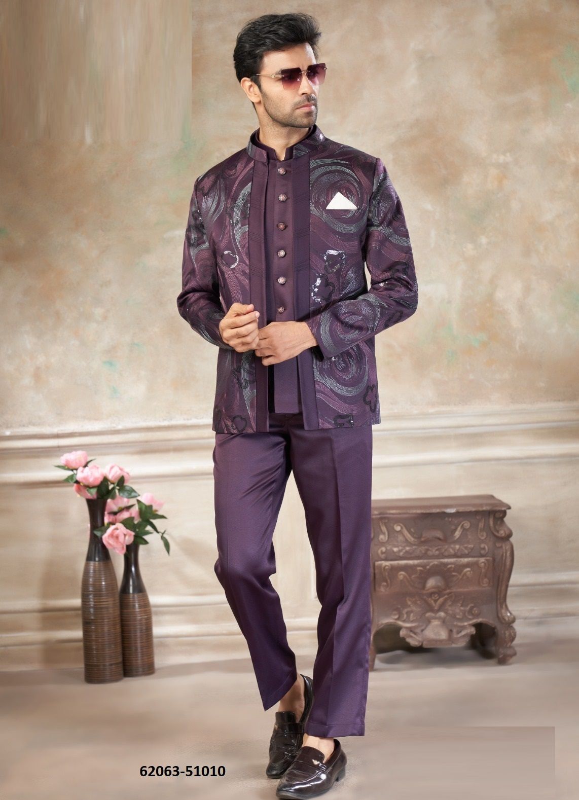 JODHPURI SUIT SET WEDDING COLLECTION 51 - Catalog # 62063 (Set of 10 Men's Ethnic Wear) by Desi Muse