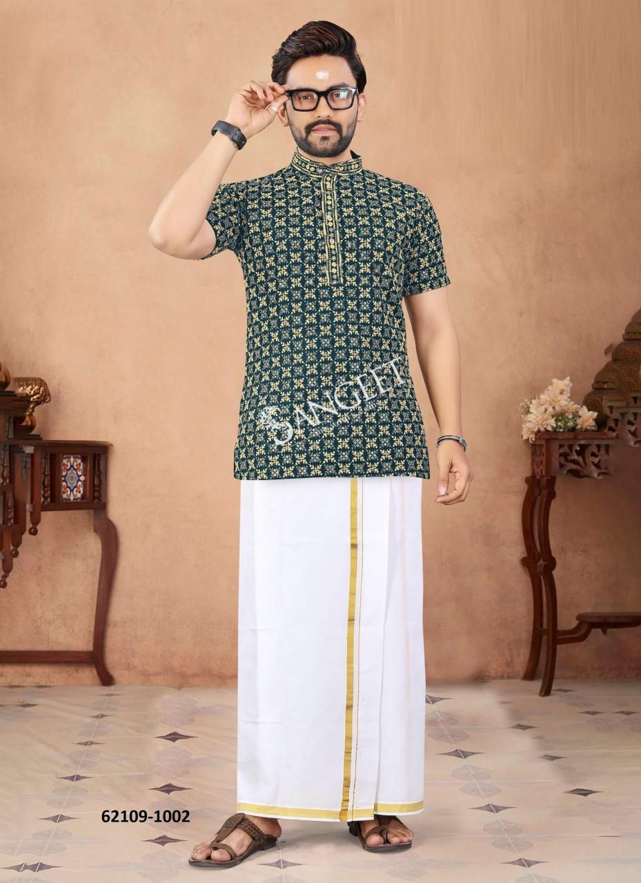 ROYAL MEN SCHIFFLI CHICKEN WORK SHORT KURTA - Catalog # 62109 (Set of 6 Men's Ethnic Wear) by Sangeet