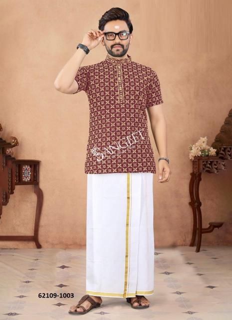 ROYAL MEN SCHIFFLI CHICKEN WORK SHORT KURTA - Catalog # 62109 (Set of 6 Men's Ethnic Wear) by Sangeet