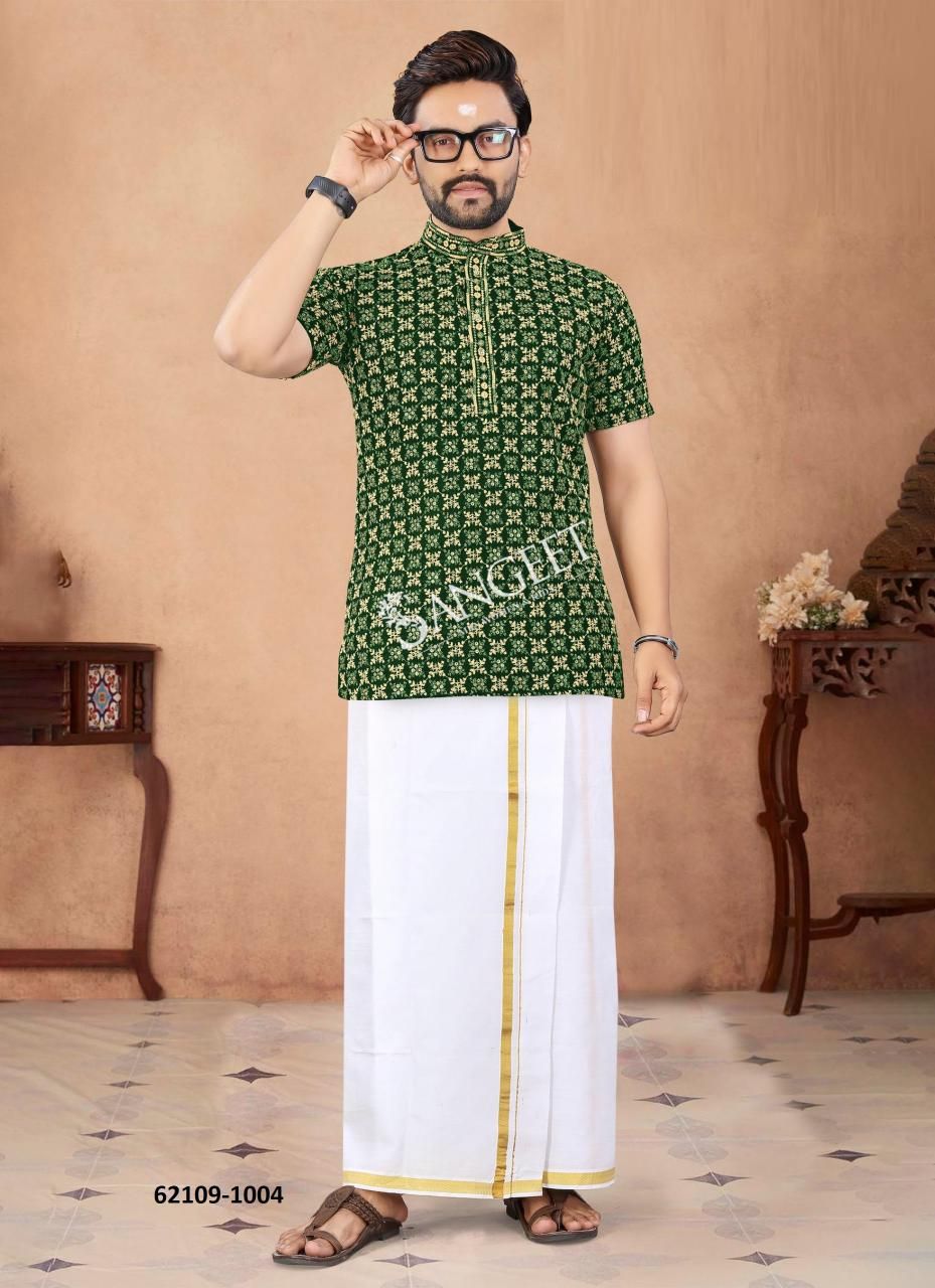 ROYAL MEN SCHIFFLI CHICKEN WORK SHORT KURTA - Catalog # 62109 (Set of 6 Men's Ethnic Wear) by Sangeet