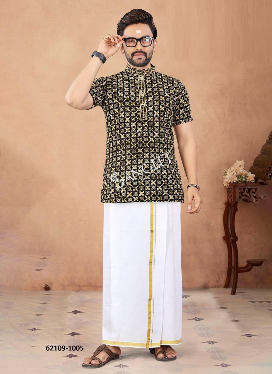 ROYAL MEN SCHIFFLI CHICKEN WORK SHORT KURTA - Catalog # 62109 (Set of 6 Men's Ethnic Wear) by Sangeet