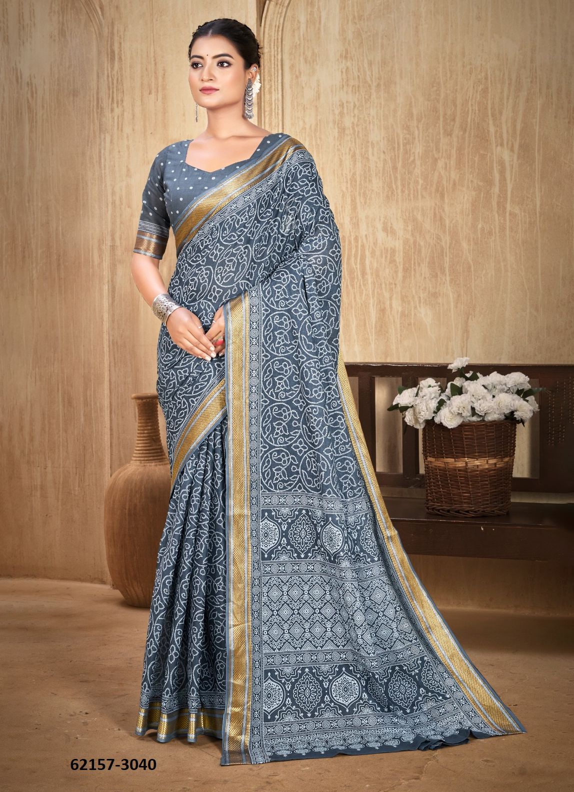 PURE MAL MAL COTTON CHATAI BORDER - Catalog # 62157 (Set of 24 Sarees) by Desi Muse PURE MAL MAL COTTON CHATAI BORDER - Catalog # 62157 (Set of 24 Sarees) by Desi Muse