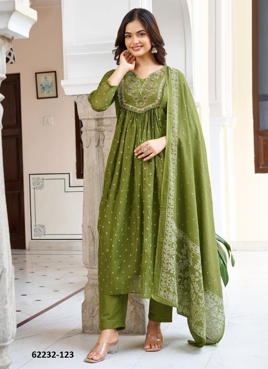MUL-MUL COTTON ANARKALI - Catalog # 62232 (Set of 7 Readymade Salwar Suits) by Serengeti