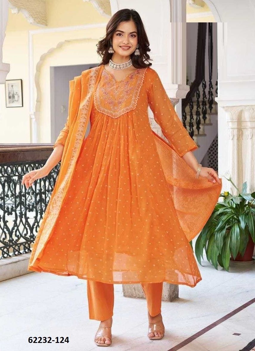 MUL-MUL COTTON ANARKALI - Catalog # 62232 (Set of 7 Readymade Salwar Suits) by Serengeti
