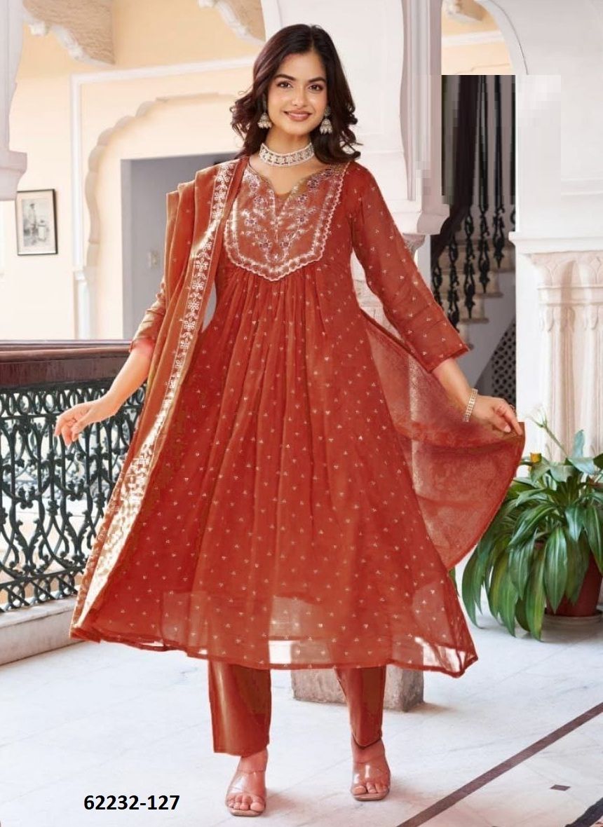 MUL-MUL COTTON ANARKALI - Catalog # 62232 (Set of 7 Readymade Salwar Suits) by Serengeti