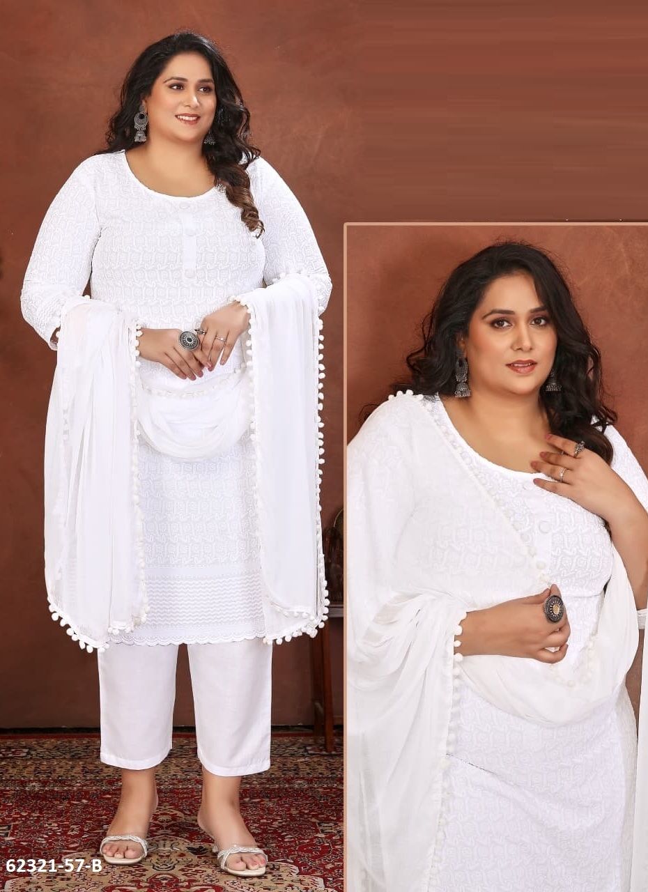 WHITE SPECIAL P57 - Catalog # 62321 (Set of 4 SIZE-SETS [Readymade Salwar Suits]) by Desi Muse