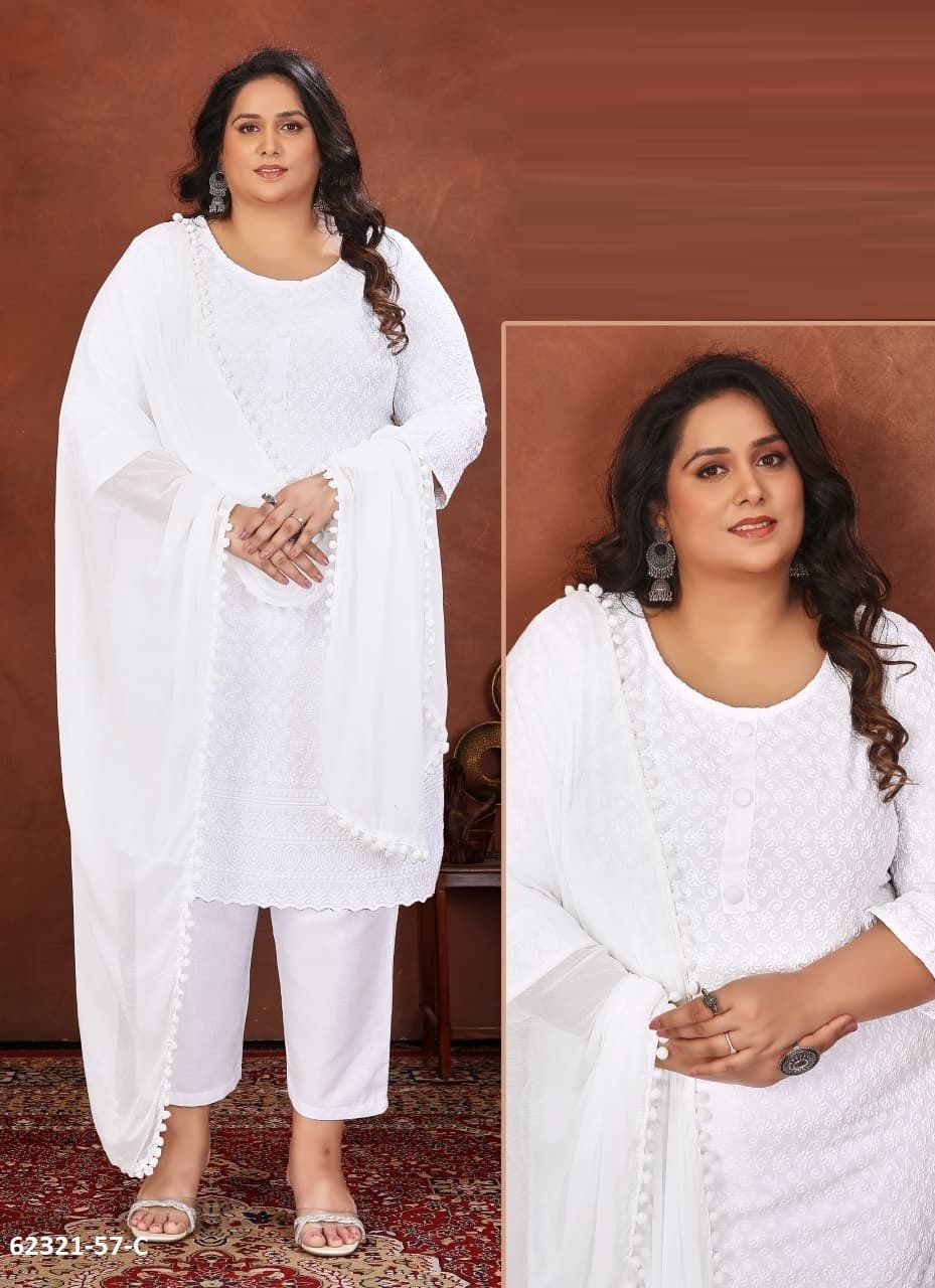 WHITE SPECIAL P57 - Catalog # 62321 (Set of 4 SIZE-SETS [Readymade Salwar Suits]) by Desi Muse