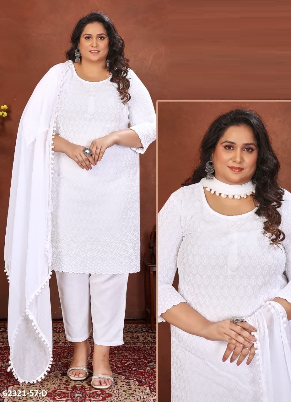 WHITE SPECIAL P57 - Catalog # 62321 (Set of 4 SIZE-SETS [Readymade Salwar Suits]) by Desi Muse
