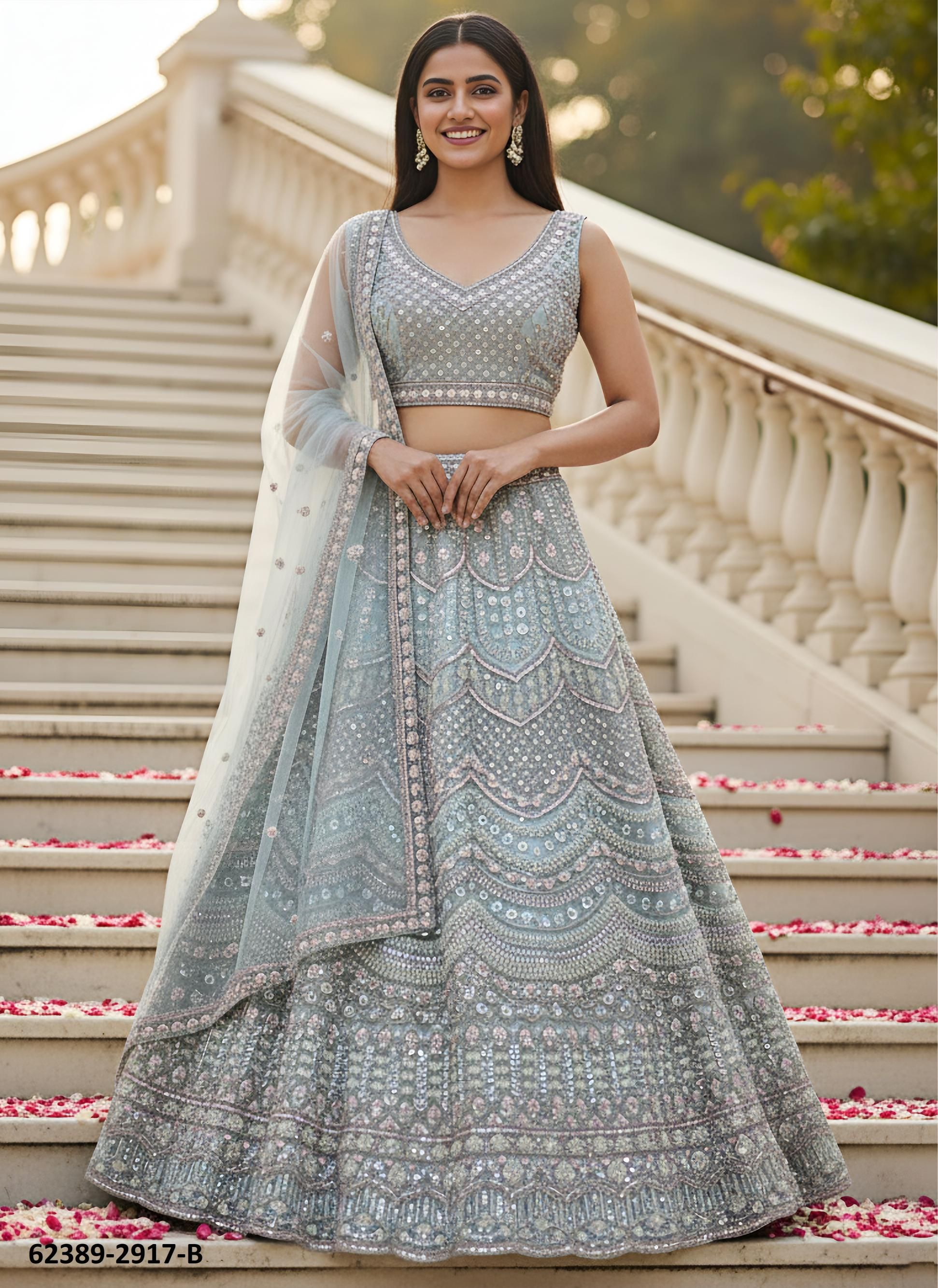 SERIES 2917-2921 - Catalog # 62389 (Set of 16 Semi-Stitched Lehengas) by Jagraasa