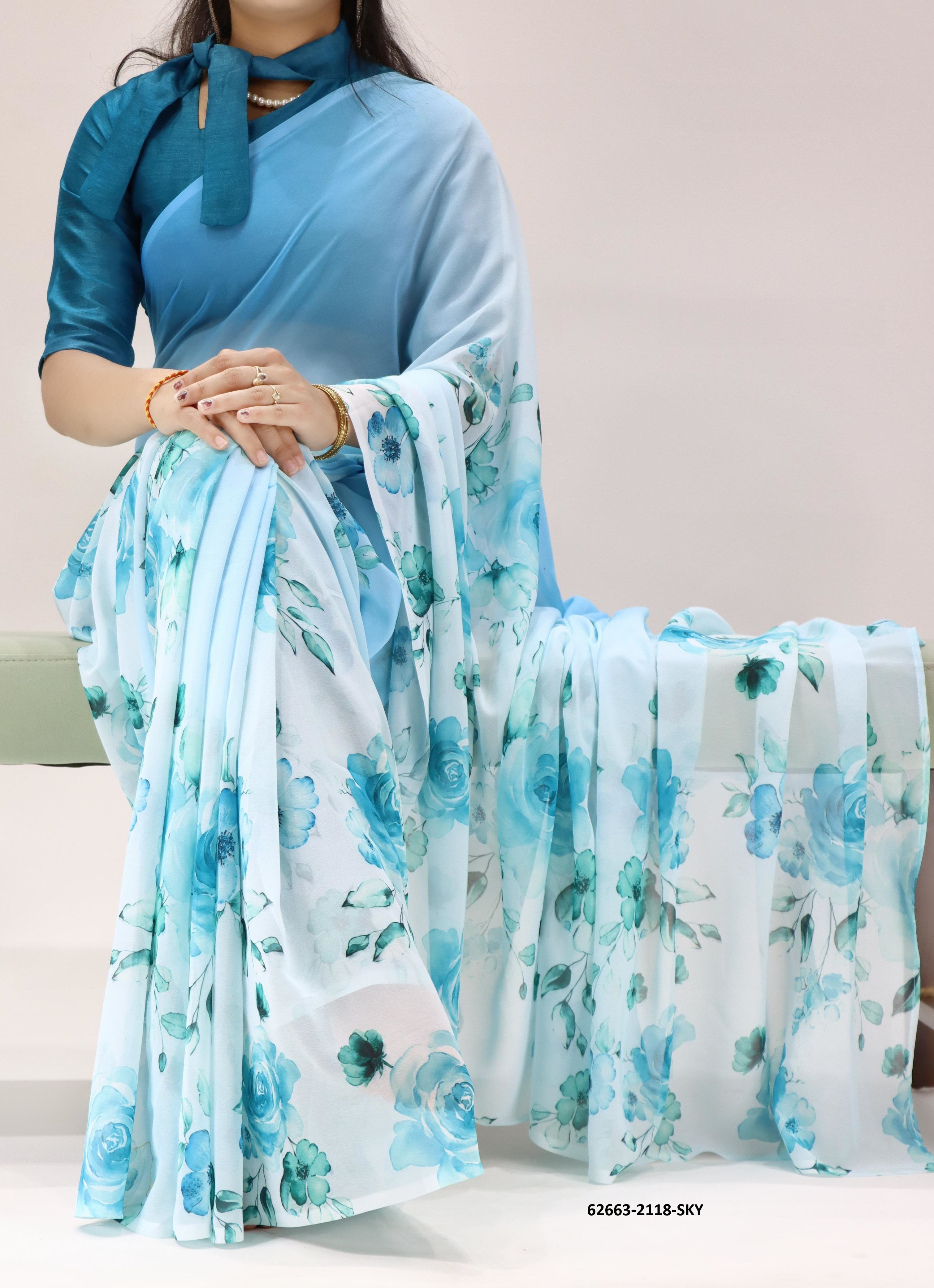 WEIGHTLESS FLORAL PRINTS - Catalog # 62663 (Set of 4 Sarees) by Desi Muse