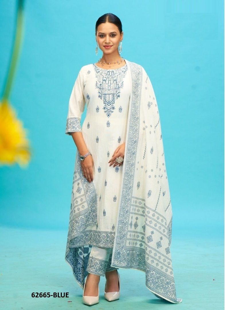 COTTON JACQUARD 3 - Catalog # 62665 (Set of 4 SIZE-SETS [Readymade Salwar Suits]) by Jagraasa