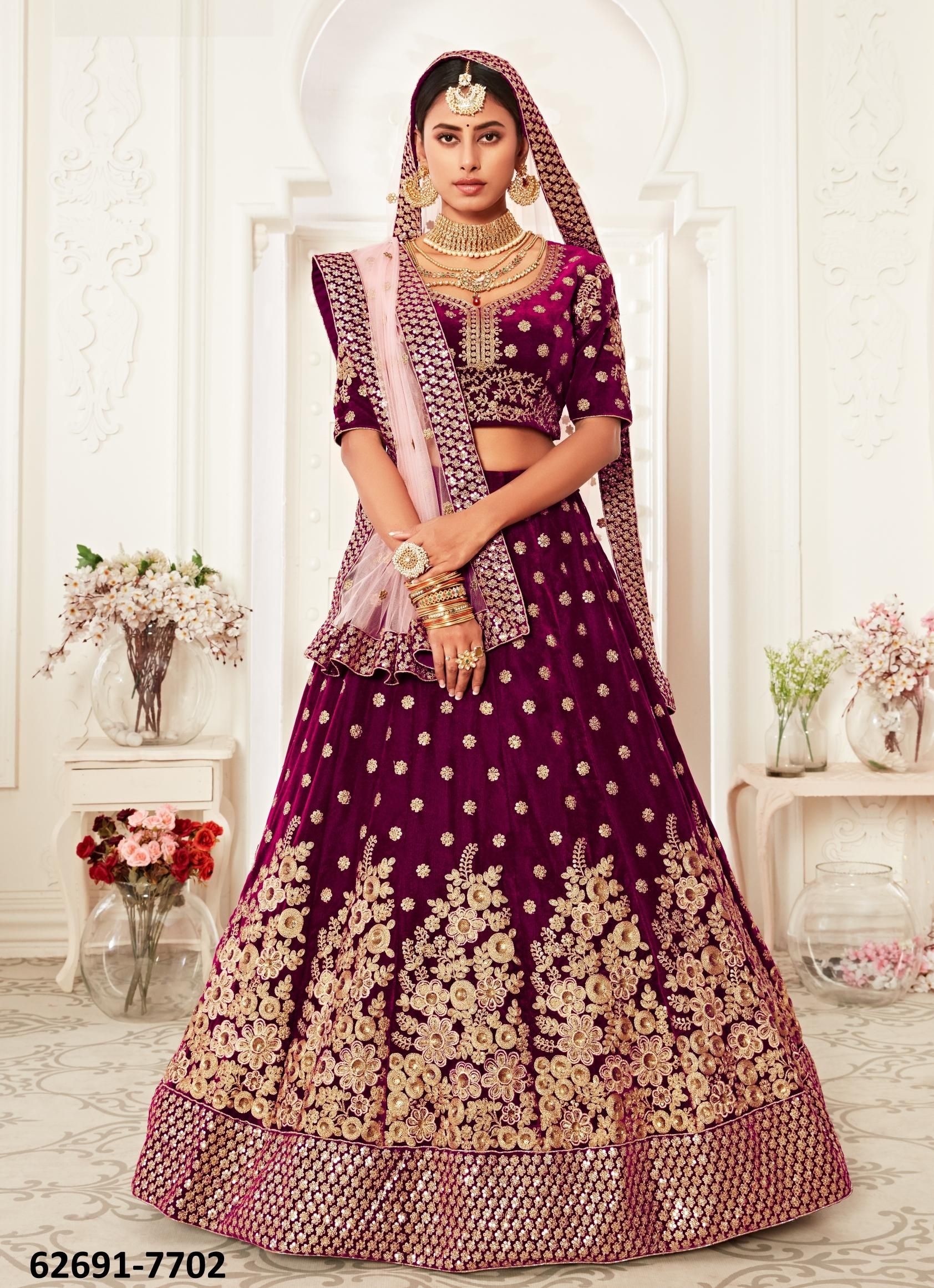 TRADITIONAL 2 - Catalog # 62691 (Set of 9 Semi-Stitched Lehengas) by Meheriya