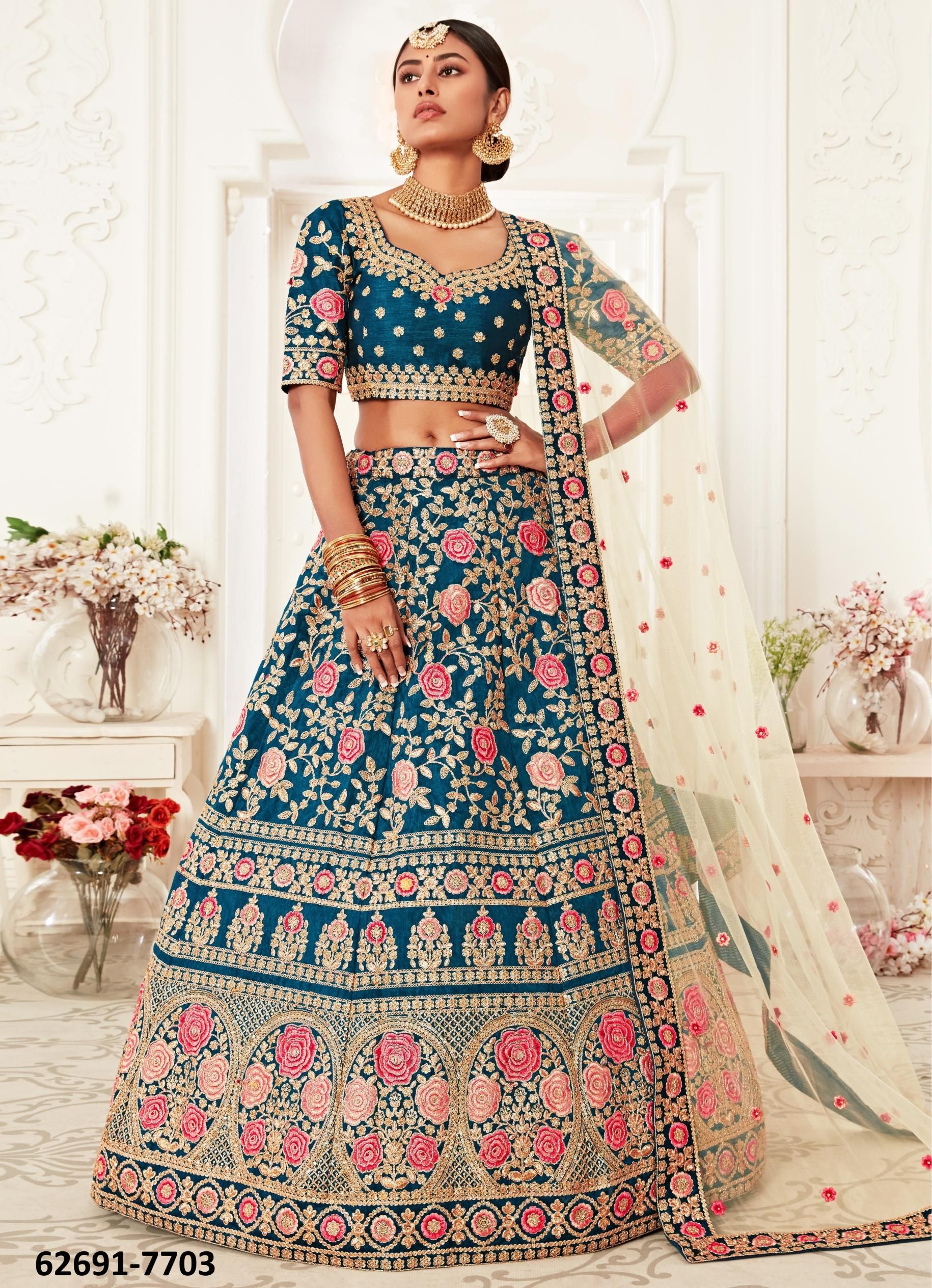 TRADITIONAL 2 - Catalog # 62691 (Set of 9 Semi-Stitched Lehengas) by Meheriya