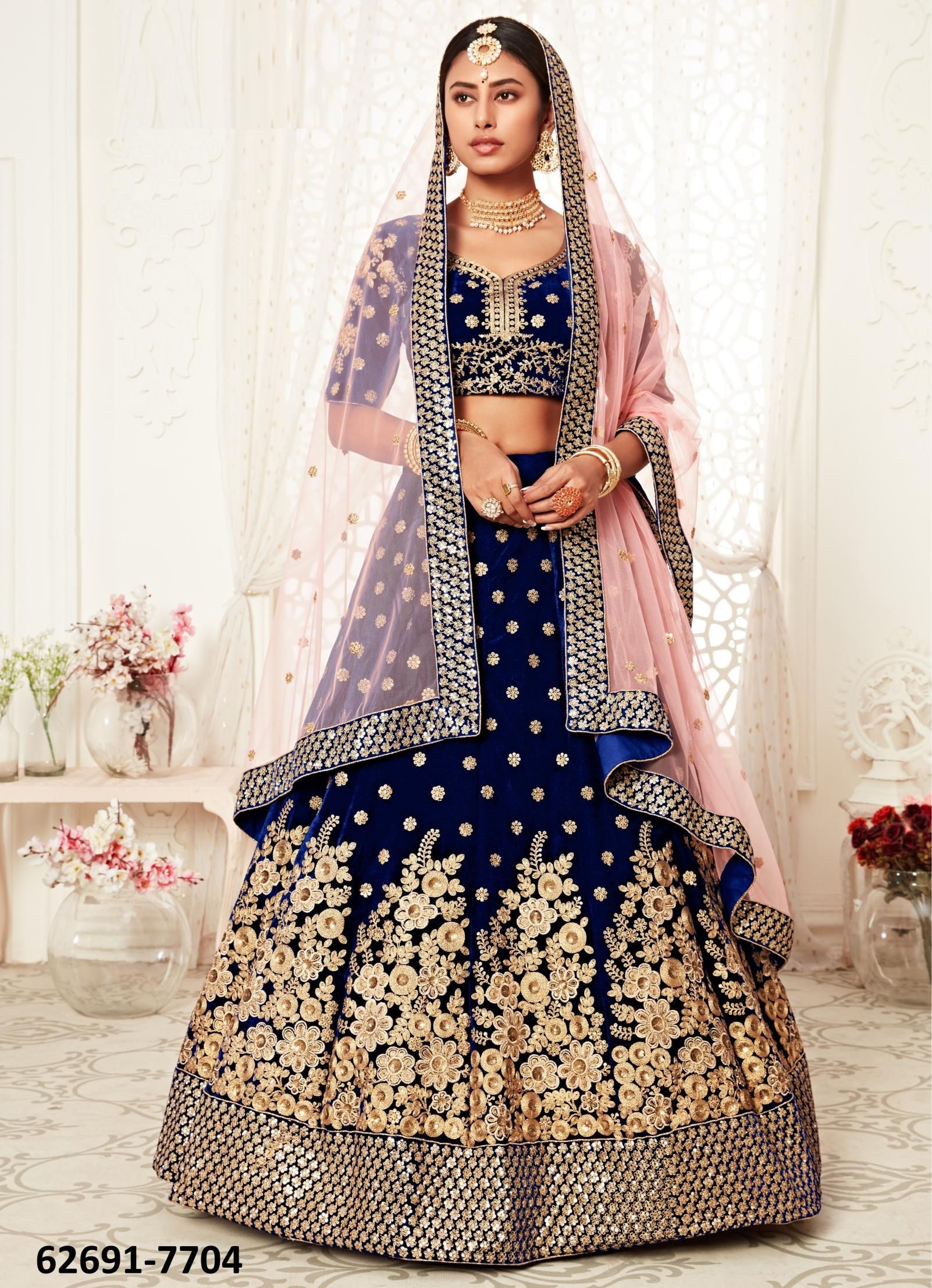 TRADITIONAL 2 - Catalog # 62691 (Set of 9 Semi-Stitched Lehengas) by Meheriya