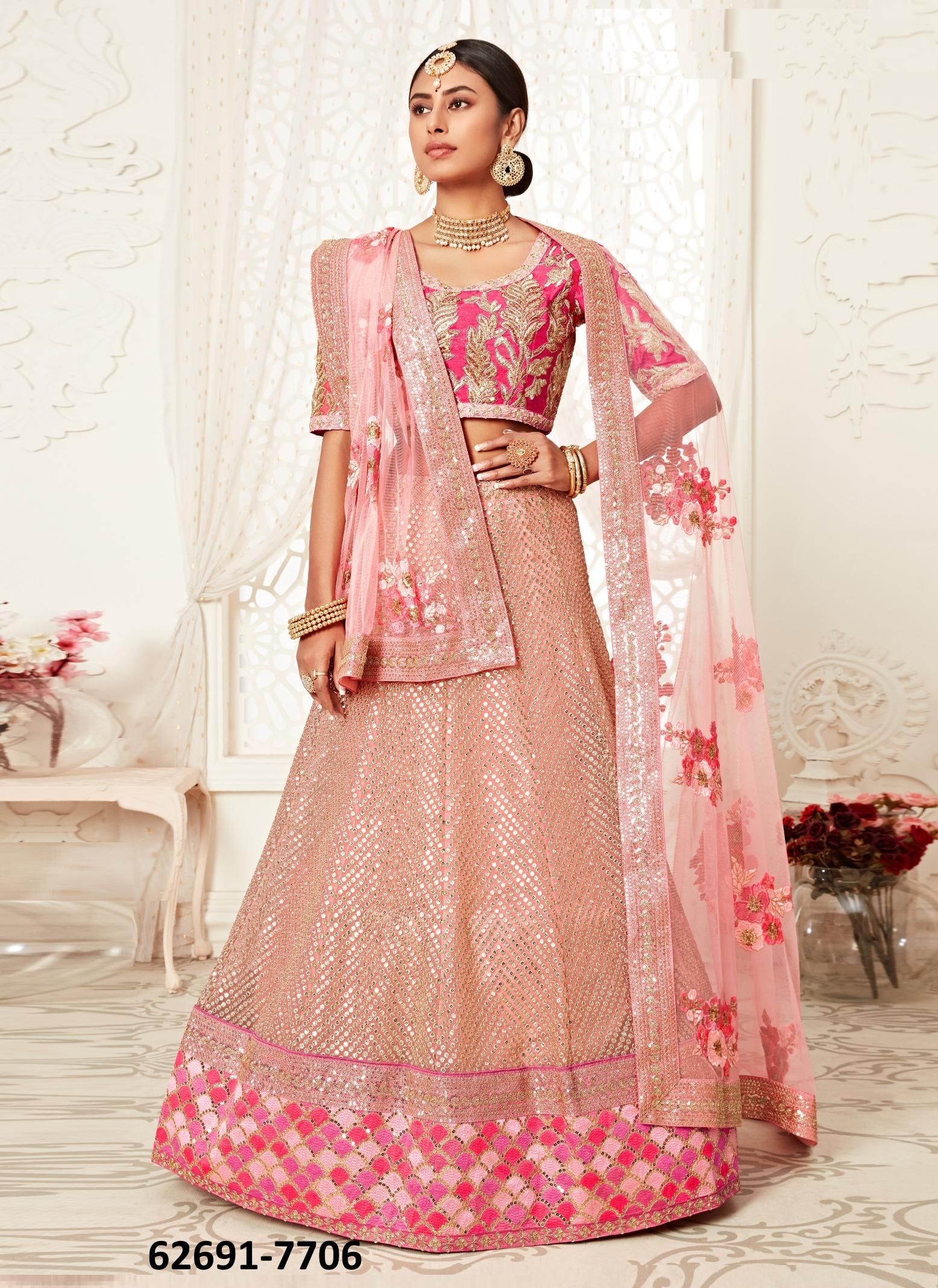 TRADITIONAL 2 - Catalog # 62691 (Set of 9 Semi-Stitched Lehengas) by Meheriya
