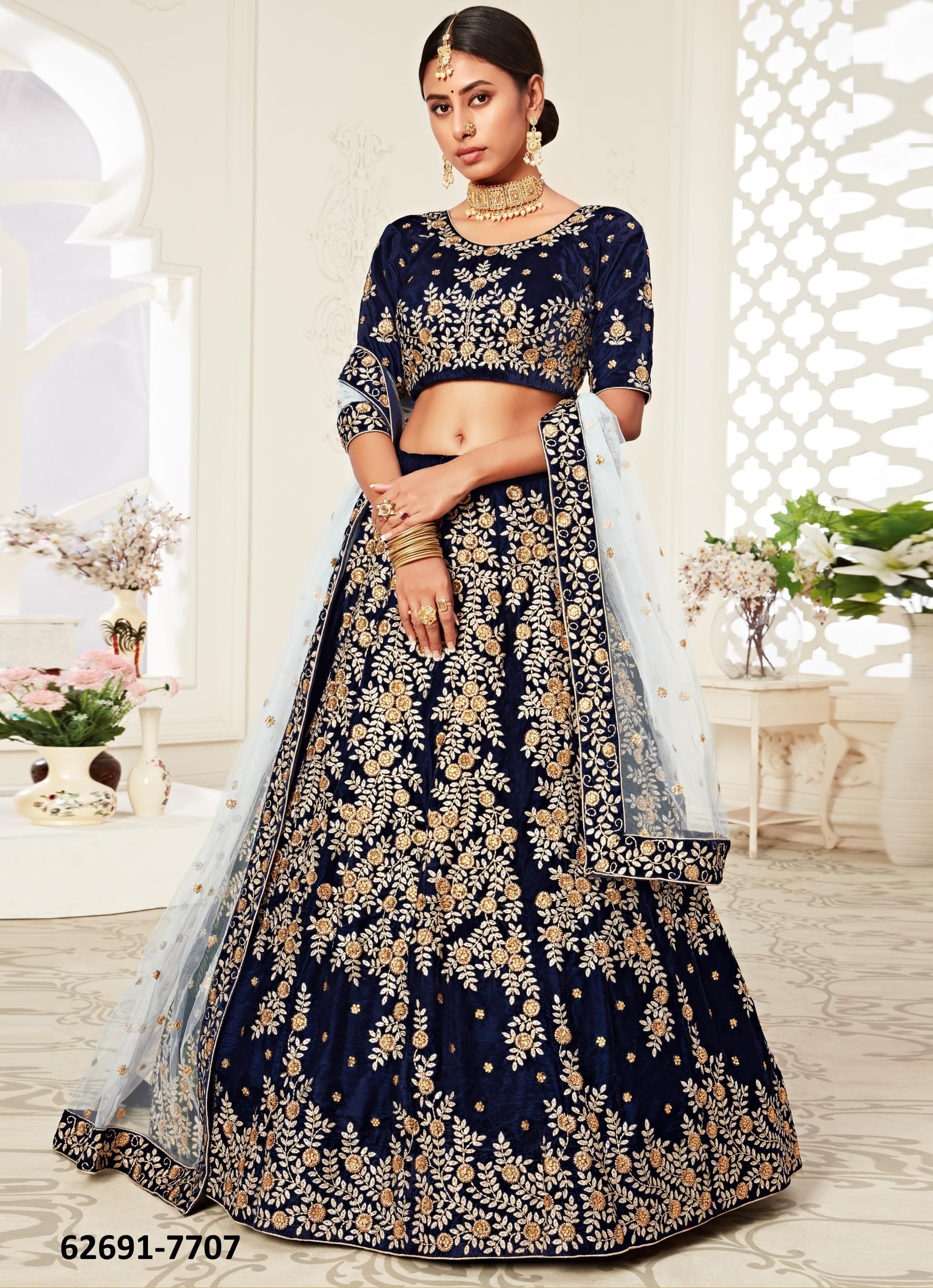 TRADITIONAL 2 - Catalog # 62691 (Set of 9 Semi-Stitched Lehengas) by Meheriya