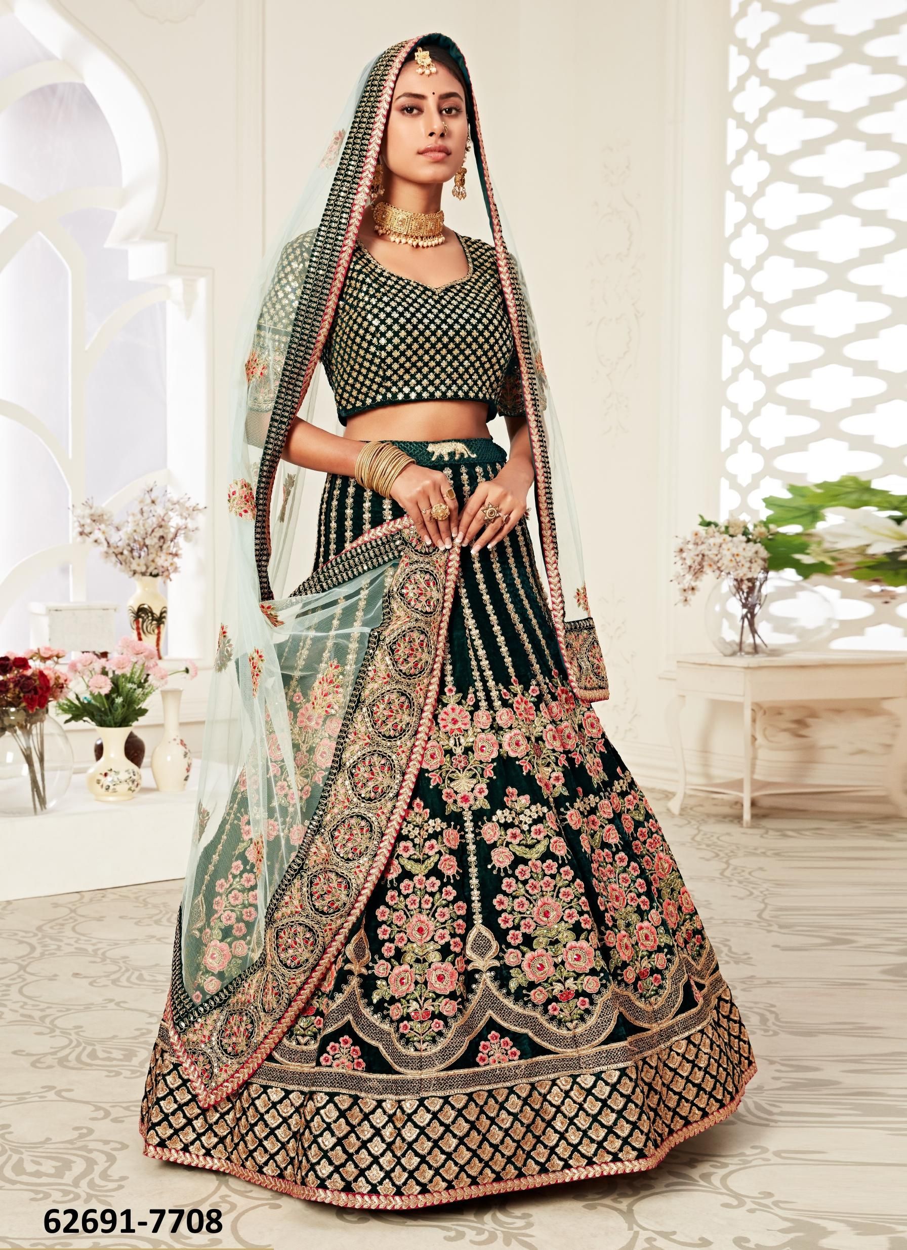 TRADITIONAL 2 - Catalog # 62691 (Set of 9 Semi-Stitched Lehengas) by Meheriya