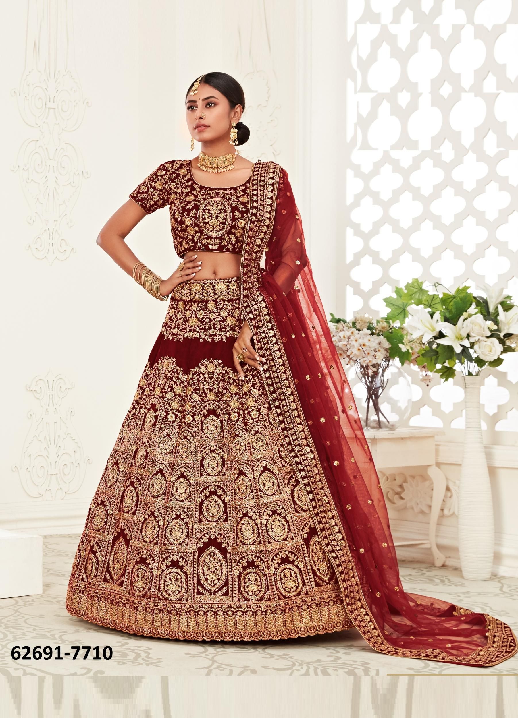 TRADITIONAL 2 - Catalog # 62691 (Set of 9 Semi-Stitched Lehengas) by Meheriya