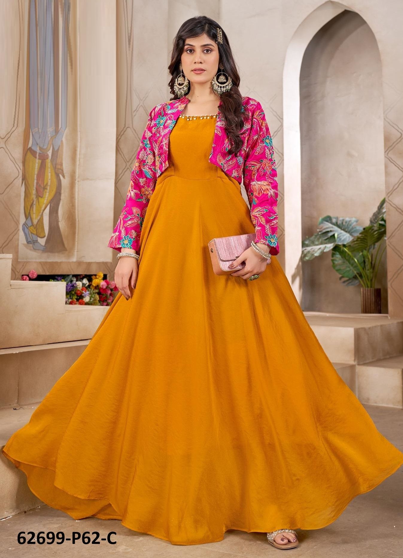 GOWNS WITH KOTI SERIES P62 - Catalog # 62699 (Set of 4 SIZE-SETS [Readymade Gowns]) by Meheriya