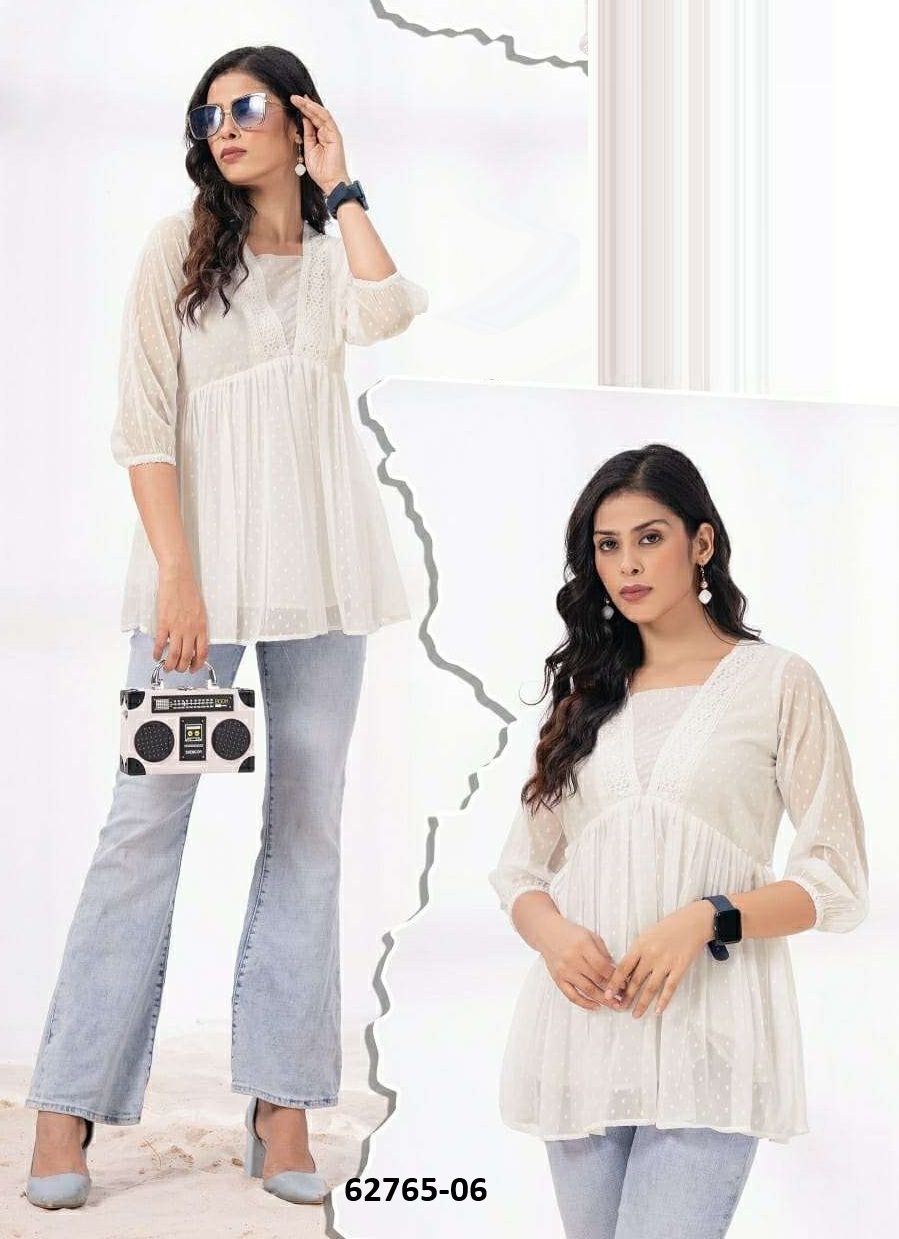 WHITE FIELD - Catalog # 62765 (Set of 8 Readymade Women's Kurtis / Tops) by Kaya Ahmedabad