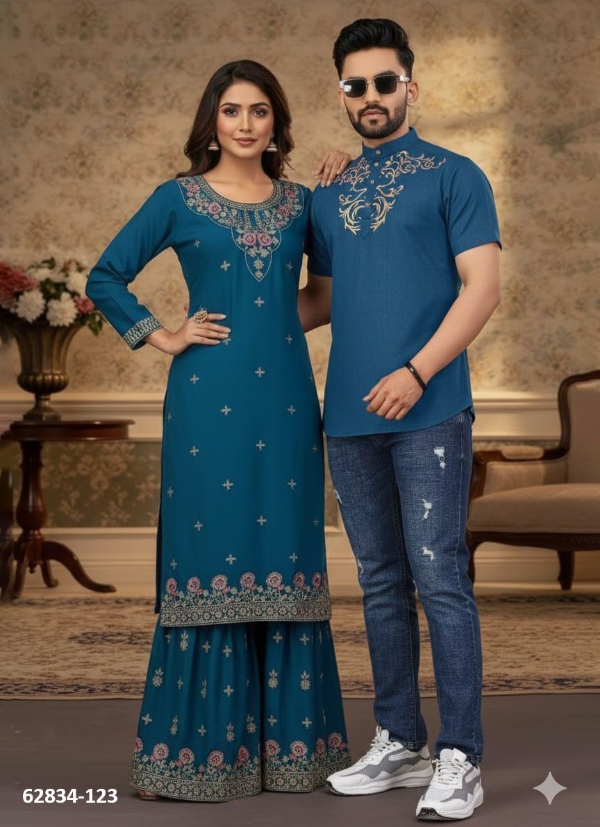 SHARARA WITH TOP & SHIRT - Catalog # 62834 (Set of 4 Couple-Combo) by Meheriya