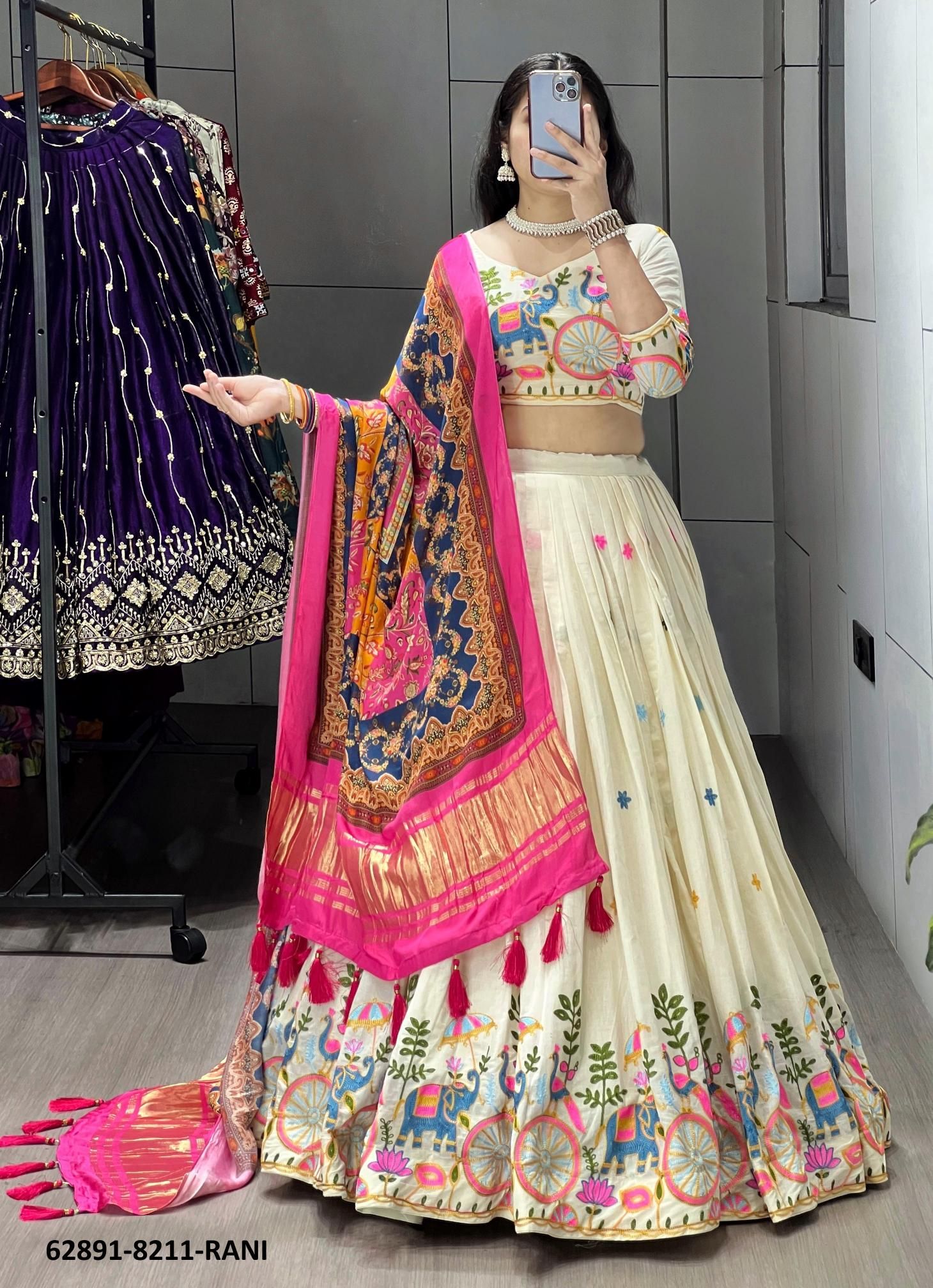 COTTON LEHENGA WITH PURE GAJJI DUPATTA - Catalog # 62891 (Set of 4 Readymade Lehengas) MADE IN INDIA BY Desi Muse