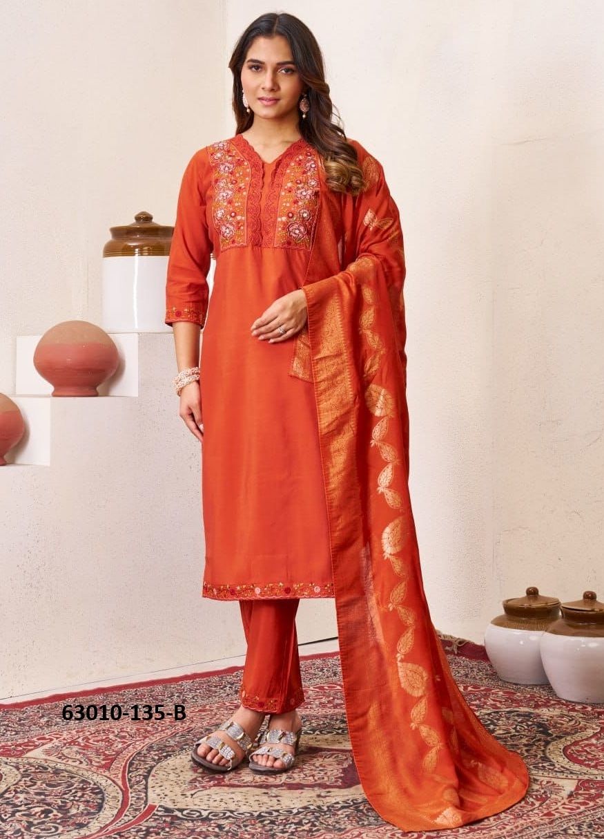 WHITE-ORANGE-BROWN - Catalog # 63010 (Set of 3 Readymade Salwar Suits) by Amdavadi Fashion