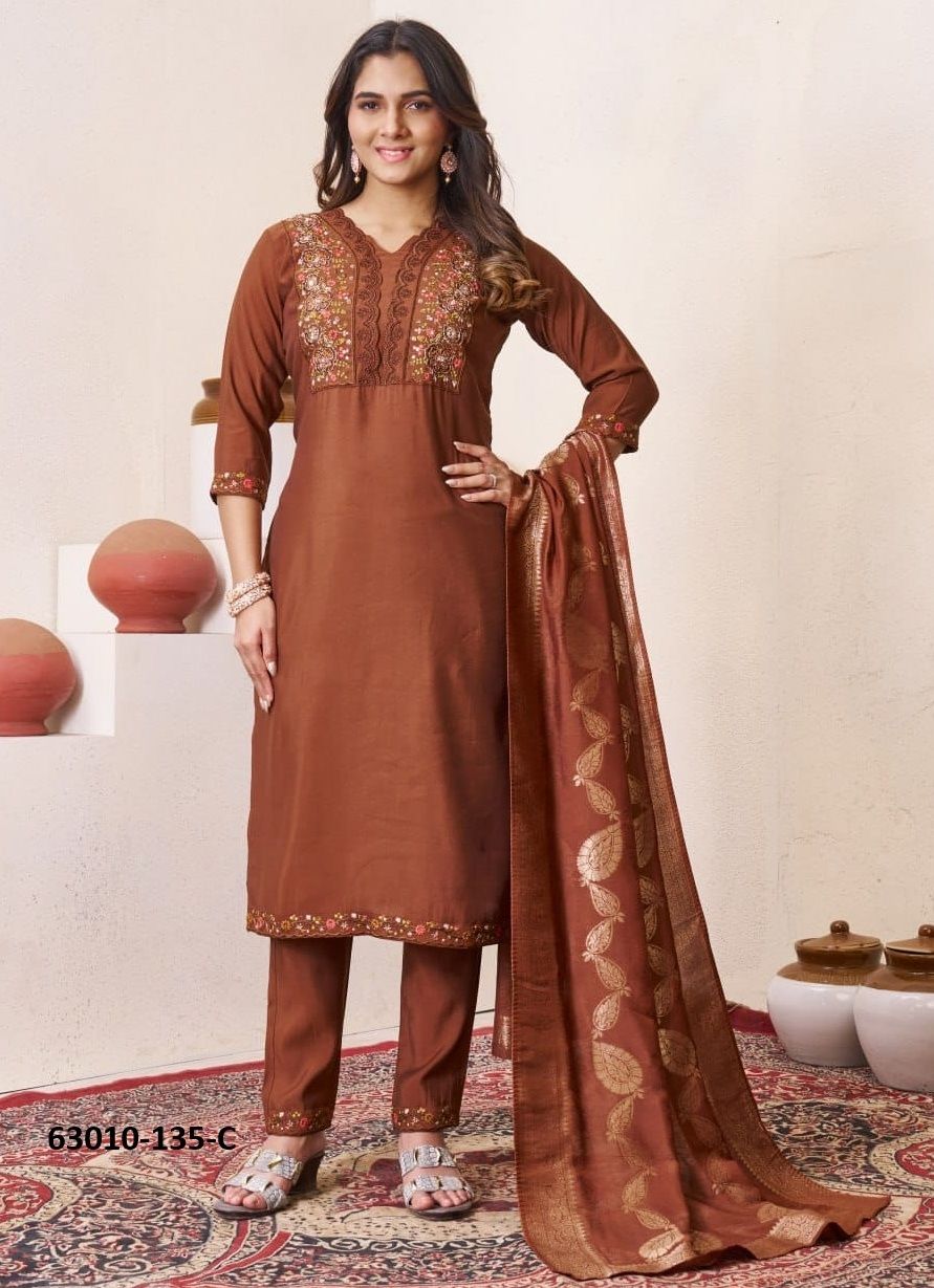 WHITE-ORANGE-BROWN - Catalog # 63010 (Set of 3 Readymade Salwar Suits) by Amdavadi Fashion