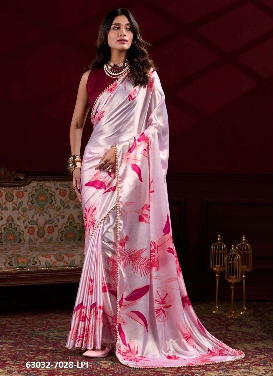 SATIN FLORAL PRINT 7028 - Catalog # 63032 (Set of 4 Sarees) by Semad Styles