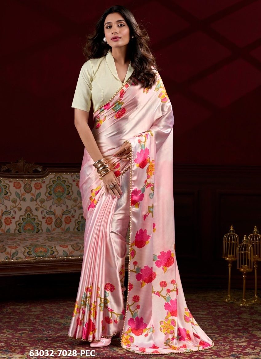 SATIN FLORAL PRINT 7028 - Catalog # 63032 (Set of 4 Sarees) by Semad Styles
