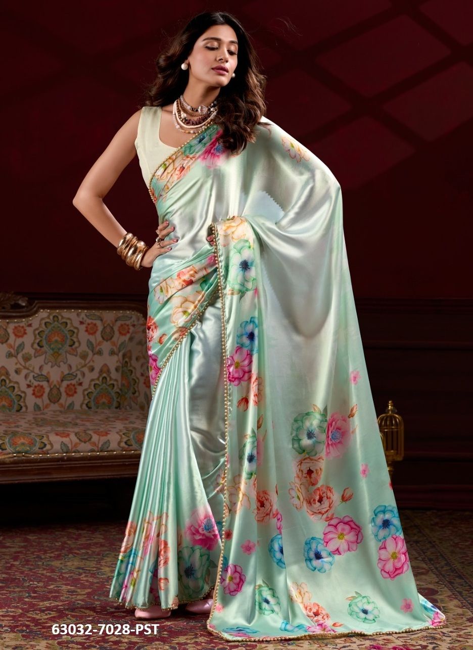 SATIN FLORAL PRINT 7028 - Catalog # 63032 (Set of 4 Sarees) by Semad Styles