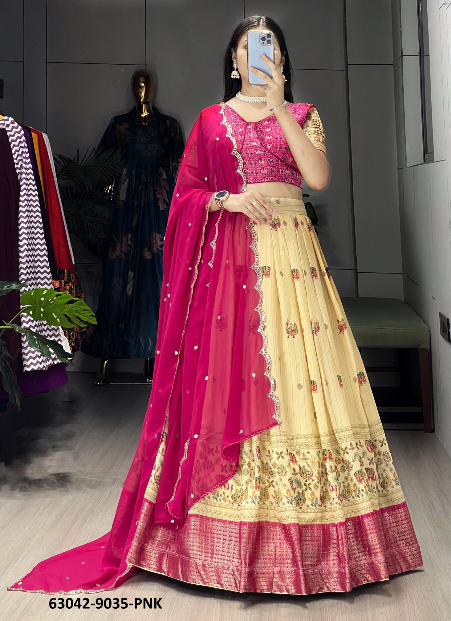 SILK KALAMKARI 9035 - Catalog # 63042 (Set of 4 Semi-Stitched Lehengas) by Komal Pret SILK KALAMKARI 9035 - Catalog # 63042 (Set of 4 Semi-Stitched Lehengas) by Komal Pret