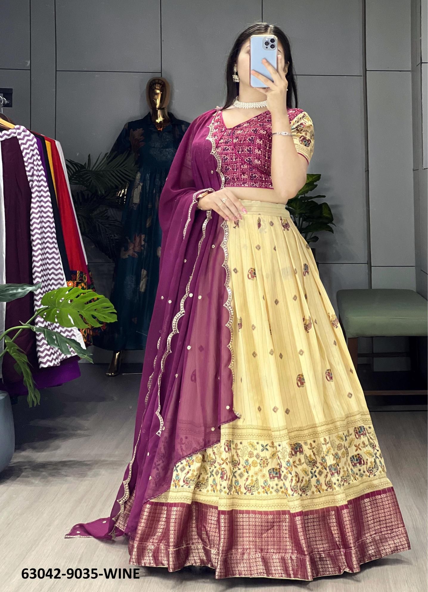 SILK KALAMKARI 9035 - Catalog # 63042 (Set of 4 Semi-Stitched Lehengas) by Komal Pret SILK KALAMKARI 9035 - Catalog # 63042 (Set of 4 Semi-Stitched Lehengas) by Komal Pret