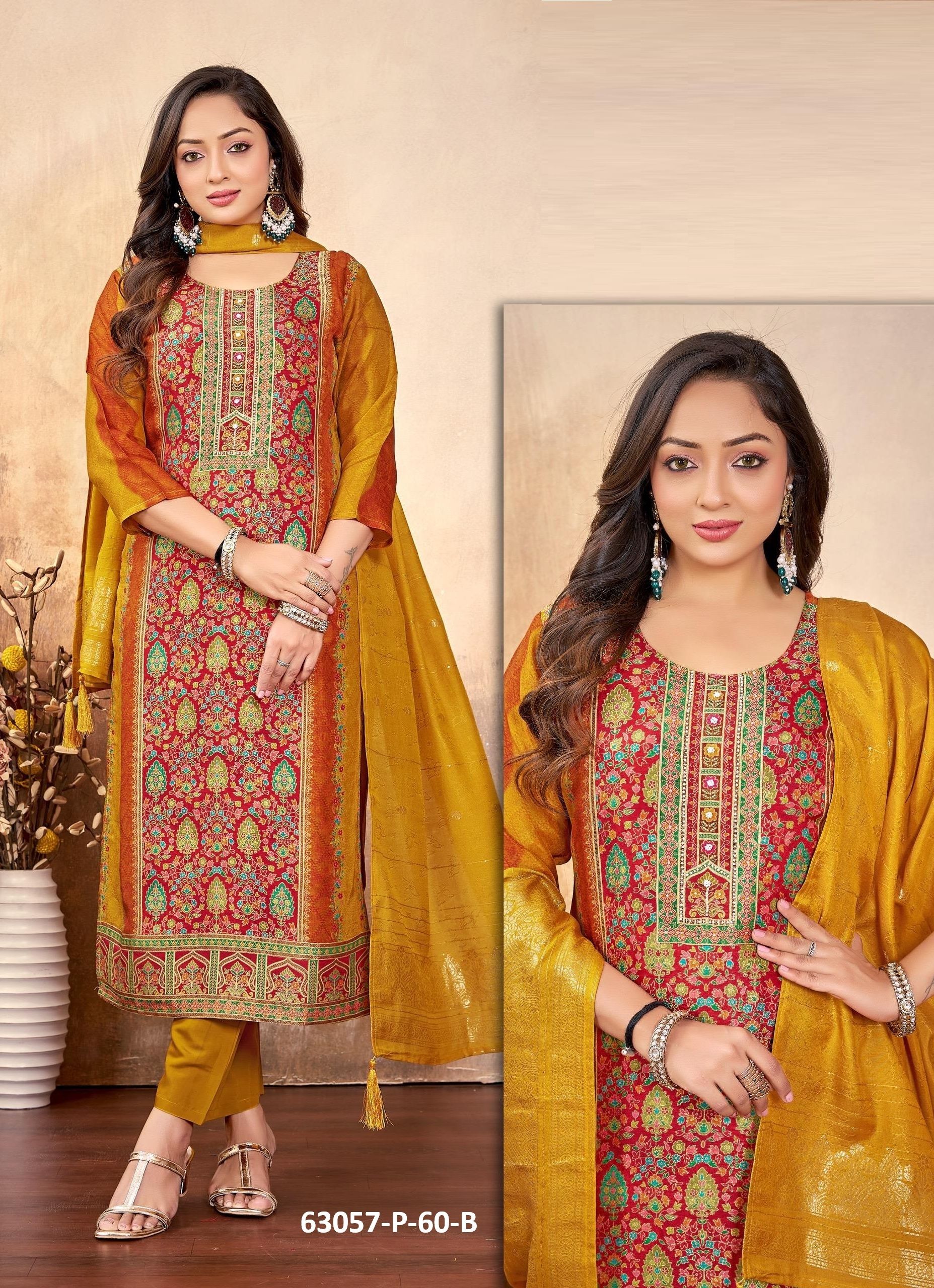 DOLA SILK JACQUARD P60 - Catalog # 63057 (Set of 4 SIZE-SETS [Readymade Salwar Suits]) by Amdavadi Fashion